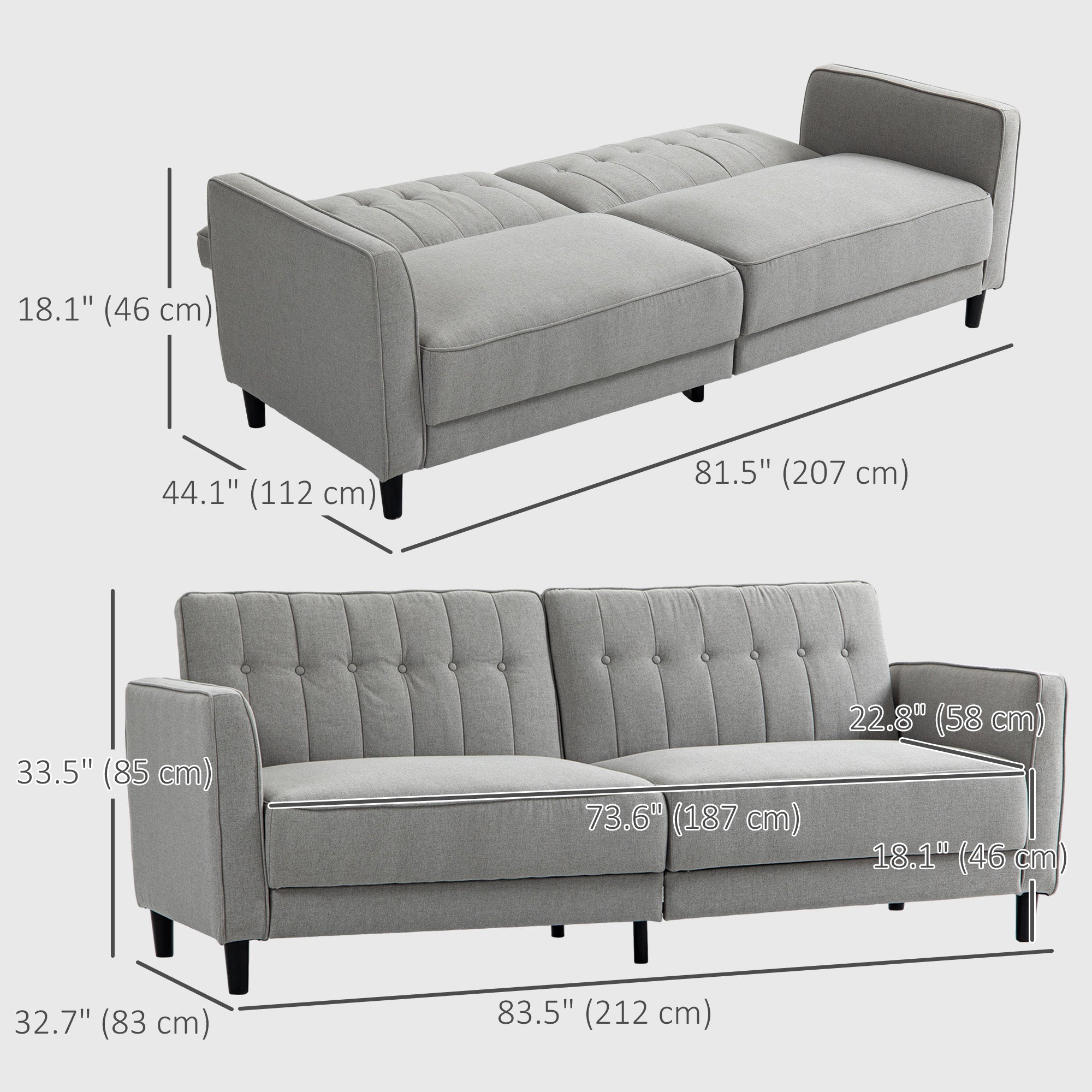 HOMCOM Convertible Sofa Bed with Adjustable Back, Button Tufted Sofa Bed Couch for Living Room, Guest Room, Apartment, Grey