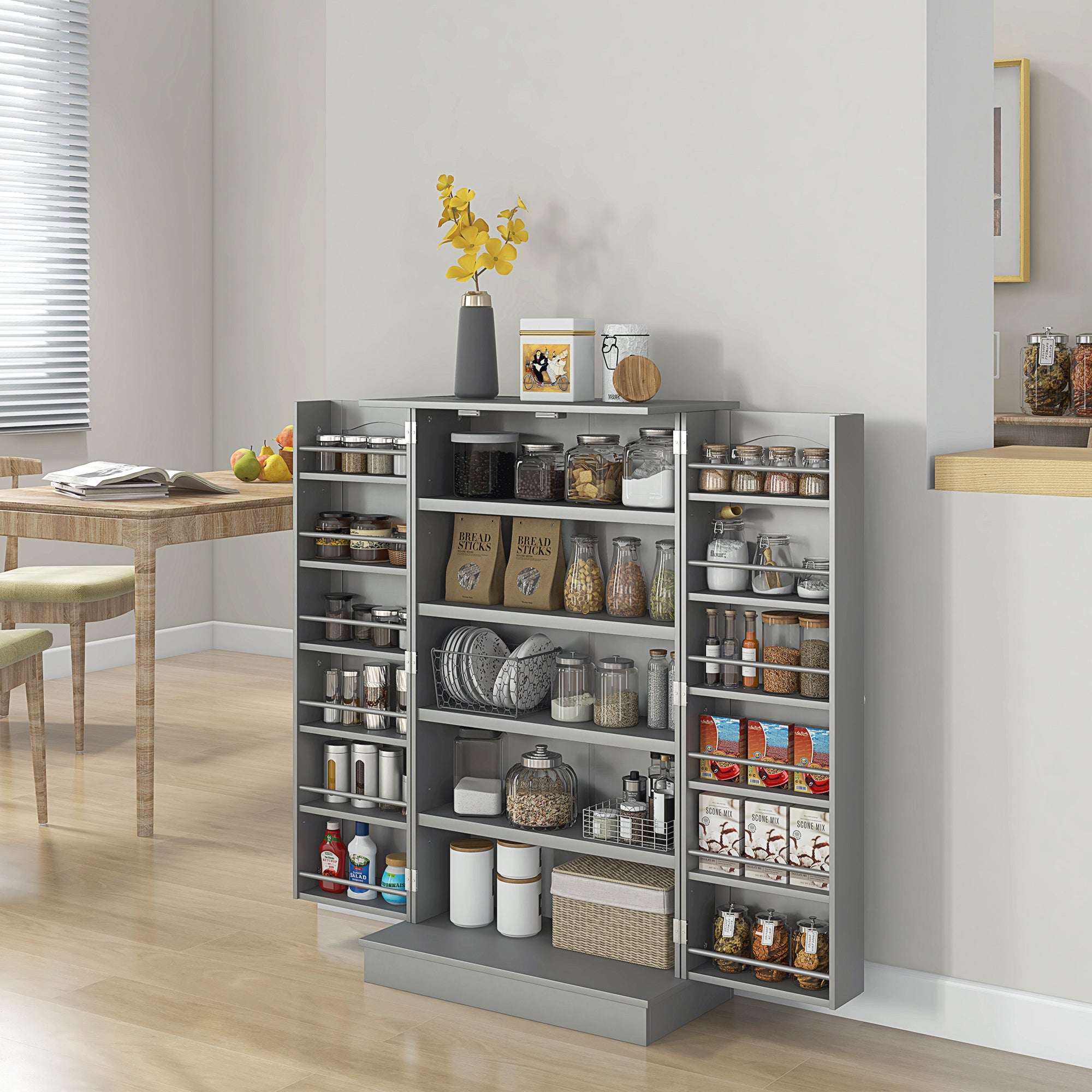 Freestanding Kitchen Pantry Cabinet, Kitchen Cabinet with 12 Door Shelves, Double Doors, 5-tier Shelving, Gray