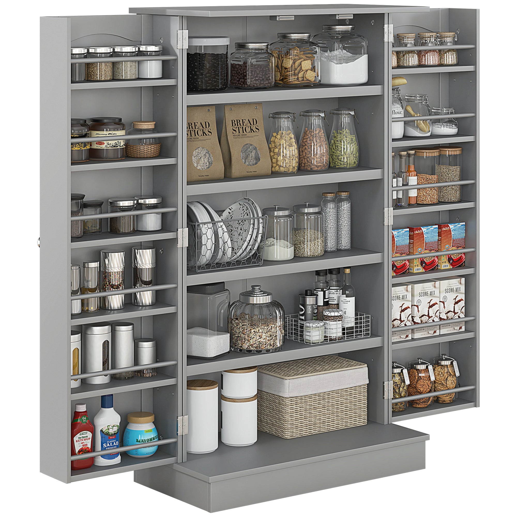 Freestanding Kitchen Pantry Cabinet, Kitchen Cabinet with 12 Door Shelves, Double Doors, 5-tier Shelving, Gray