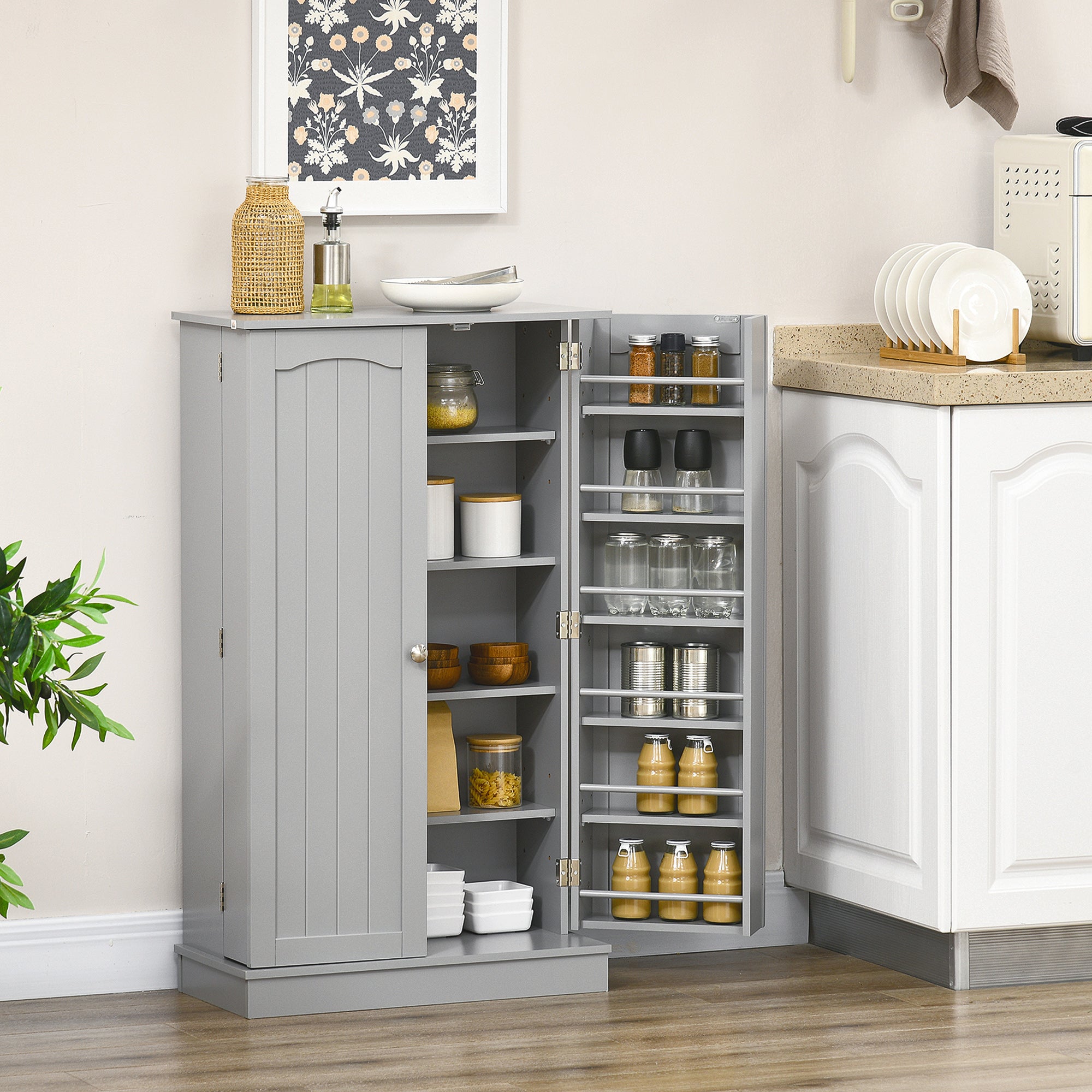 Freestanding Kitchen Pantry Cabinet, Kitchen Cabinet with 12 Door Shelves, Double Doors, 5-tier Shelving, Gray