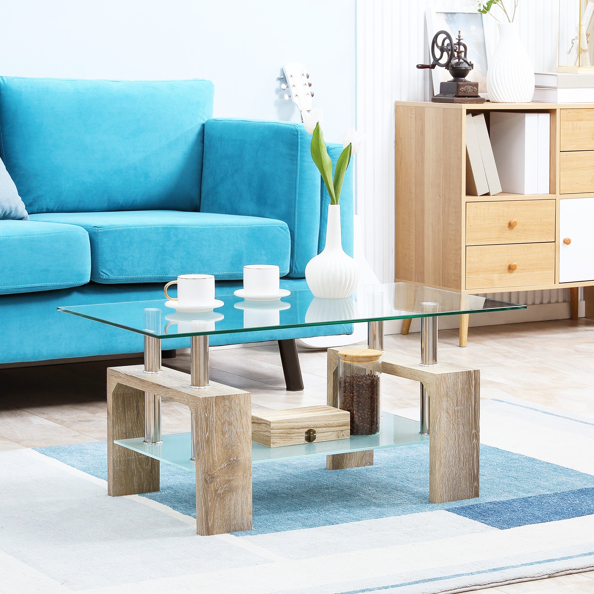 HOMCOM Rectangle Glass Coffee Table, 2-Tier Center Table with Tempered Glass Top and Storage Shelf for Living Room, Natural