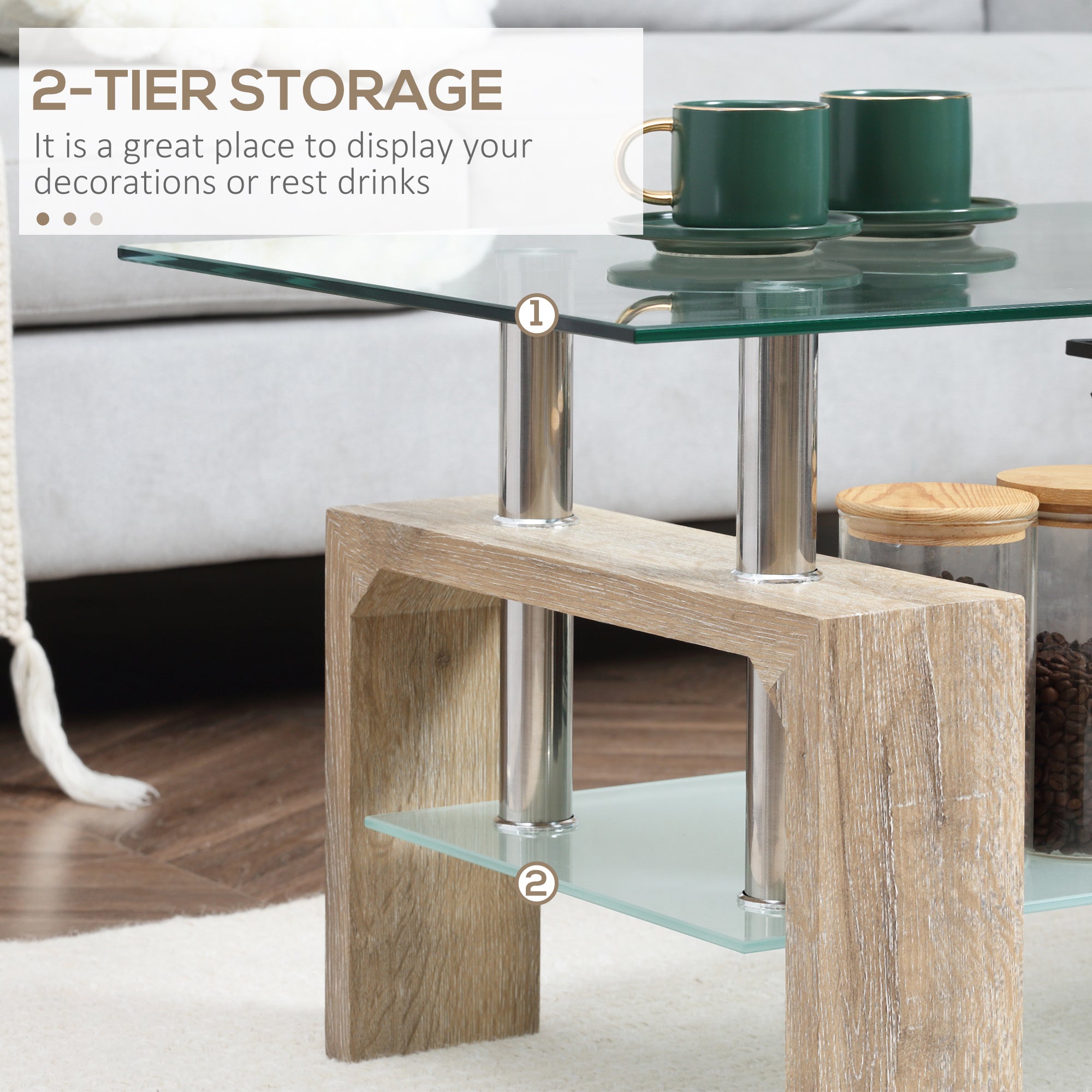 HOMCOM Rectangle Glass Coffee Table, 2-Tier Center Table with Tempered Glass Top and Storage Shelf for Living Room, Natural