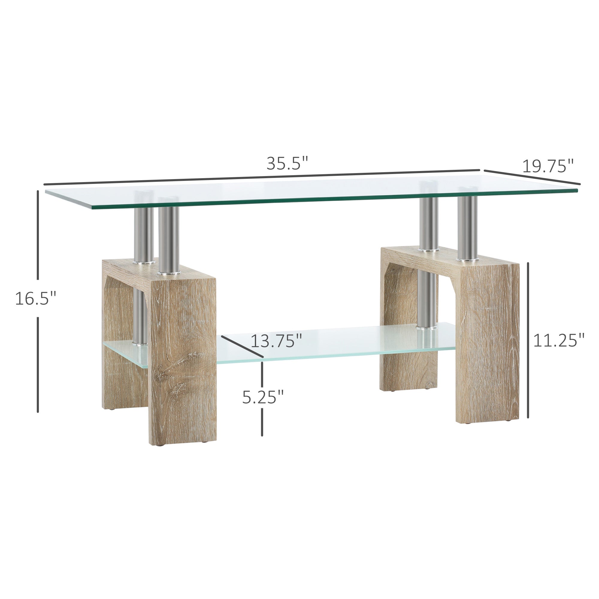 HOMCOM Rectangle Glass Coffee Table, 2-Tier Center Table with Tempered Glass Top and Storage Shelf for Living Room, Natural