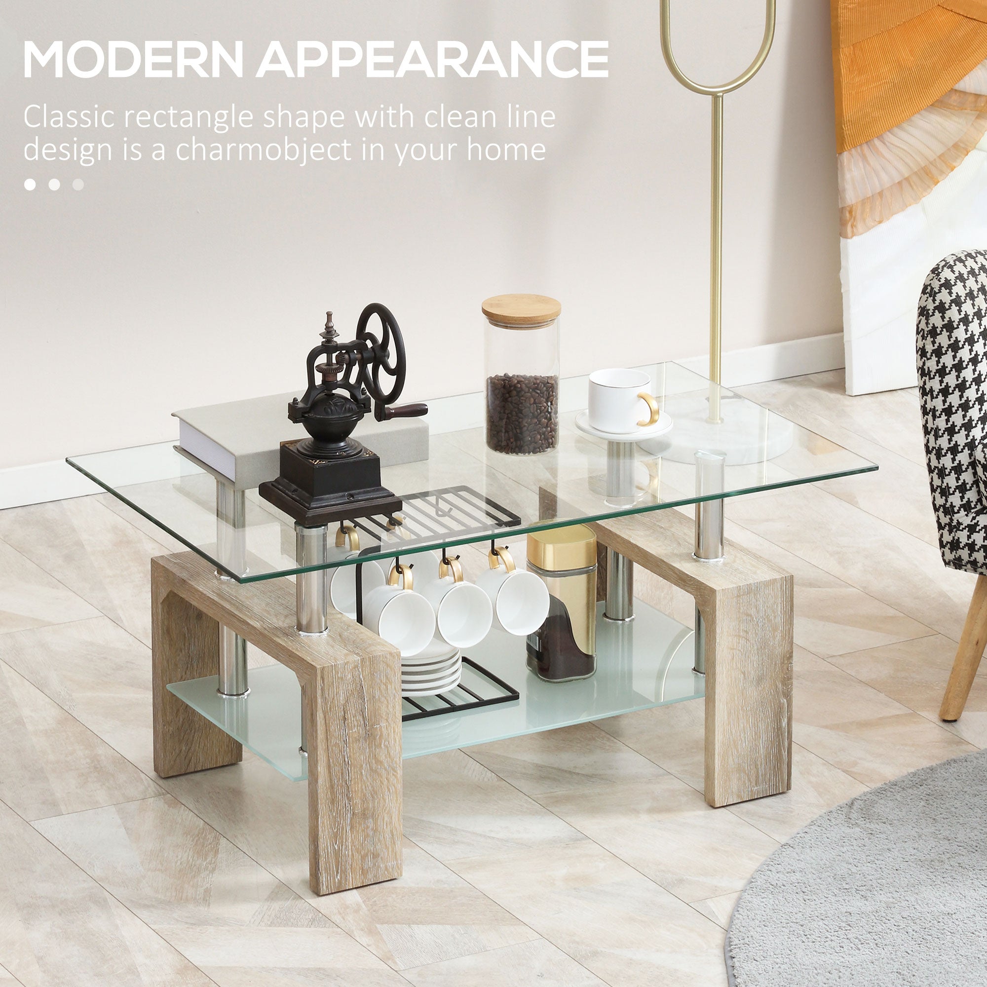 HOMCOM Rectangle Glass Coffee Table, 2-Tier Center Table with Tempered Glass Top and Storage Shelf for Living Room, Natural