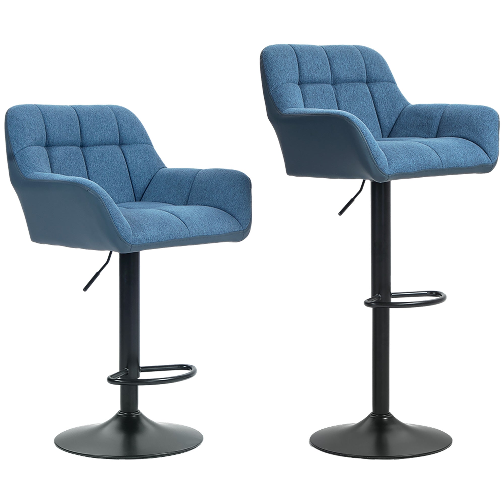 HOMCOM Adjustable Bar Stools Set of 2, Swivel Tufted Linen Fabric Barstools with Footrest and Armrests, Bar Chairs for Kitchen Counter and Dining Room, Dark Blue