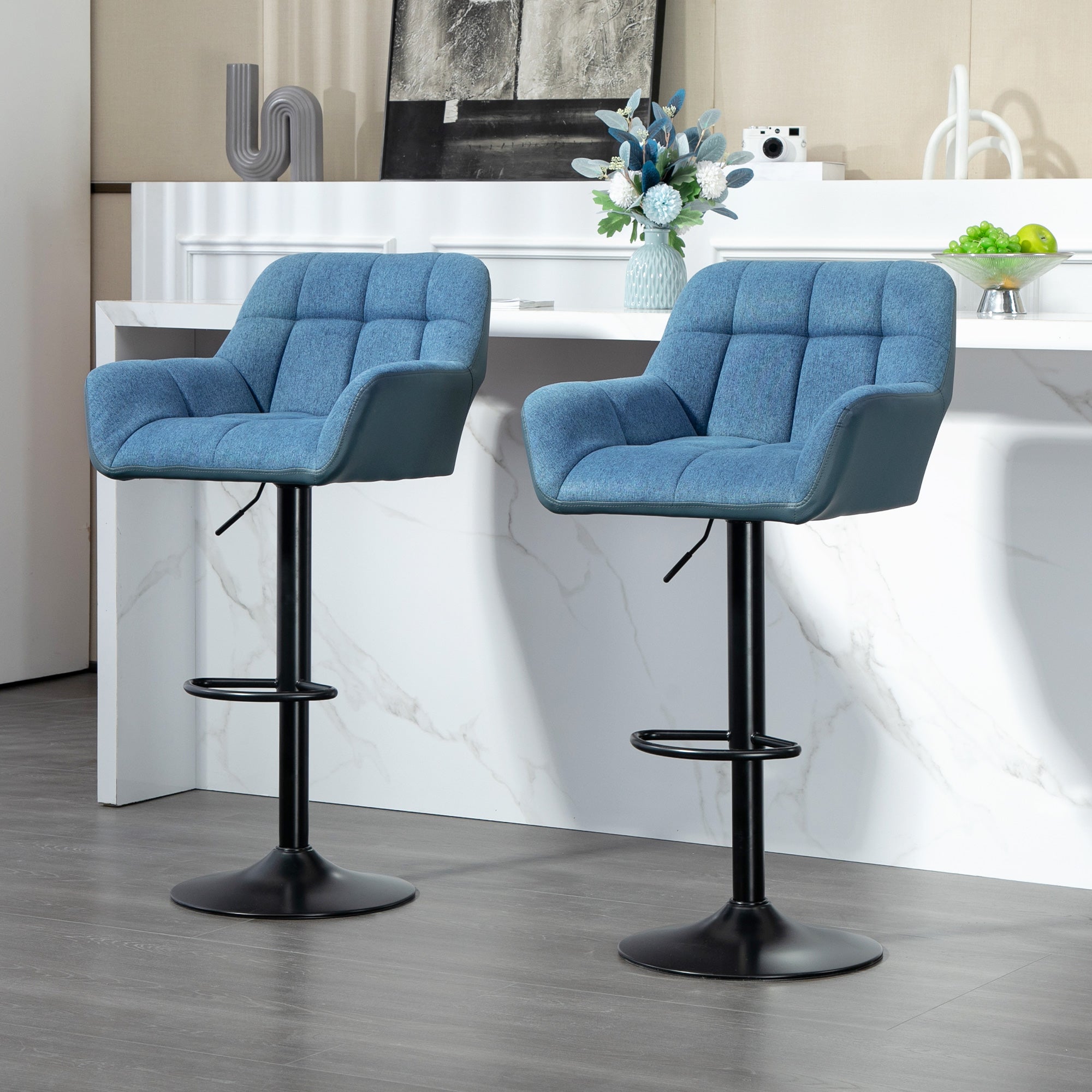 HOMCOM Adjustable Bar Stools Set of 2, Swivel Tufted Linen Fabric Barstools with Footrest and Armrests, Bar Chairs for Kitchen Counter and Dining Room, Dark Blue