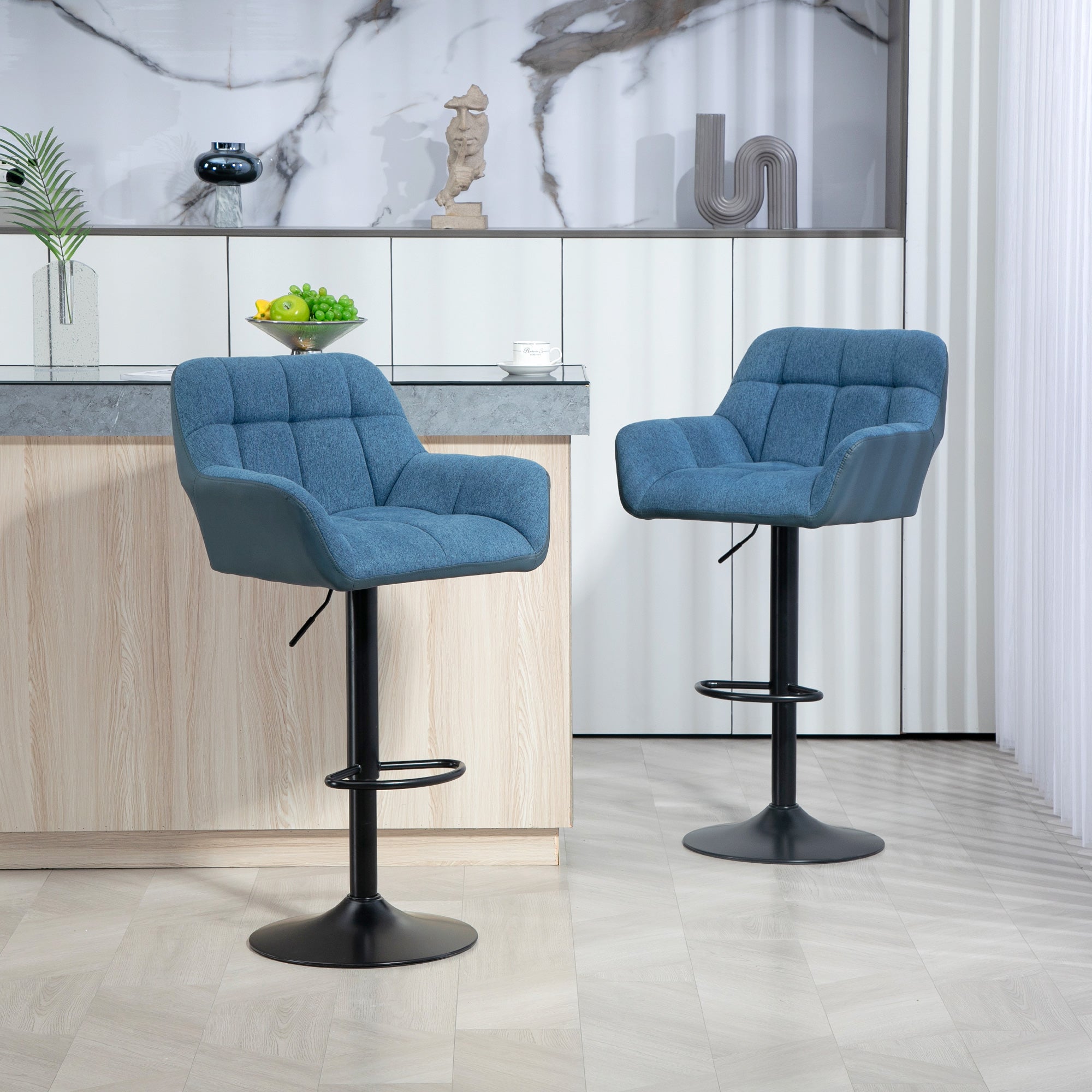 HOMCOM Adjustable Bar Stools Set of 2, Swivel Tufted Linen Fabric Barstools with Footrest and Armrests, Bar Chairs for Kitchen Counter and Dining Room, Dark Blue