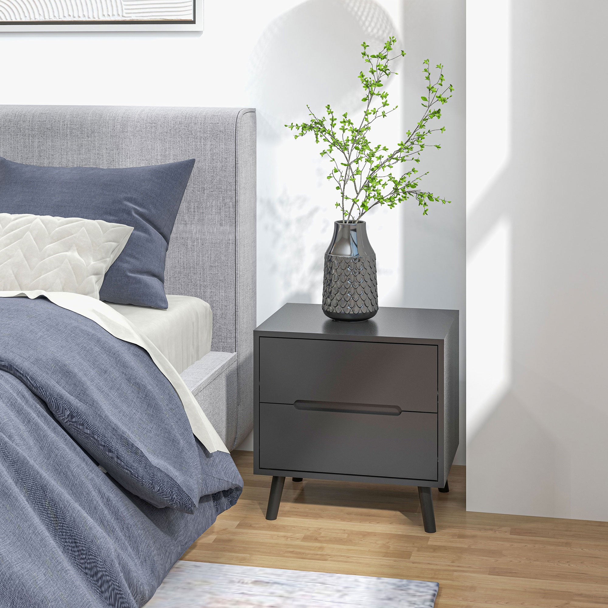 HOMCOM Modern Bedside Table, Nightstand with 2 Drawers, Side End Table with Solid Wood Legs for Bedroom, Black
