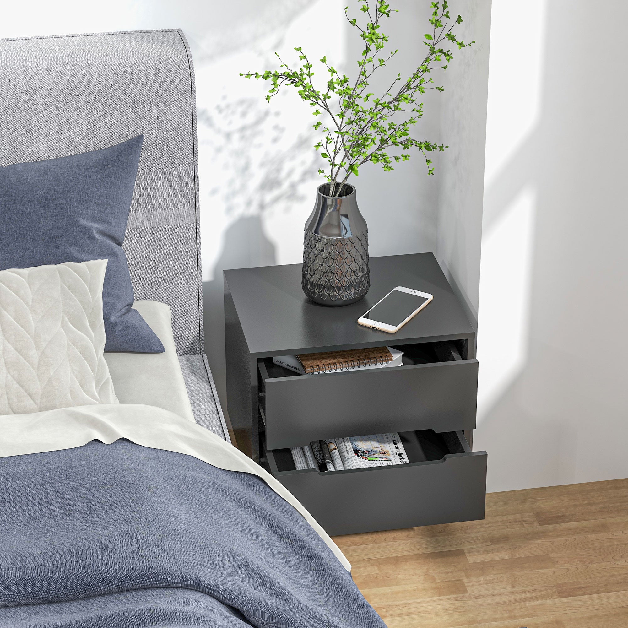 HOMCOM Modern Bedside Table, Nightstand with 2 Drawers, Side End Table with Solid Wood Legs for Bedroom, Black