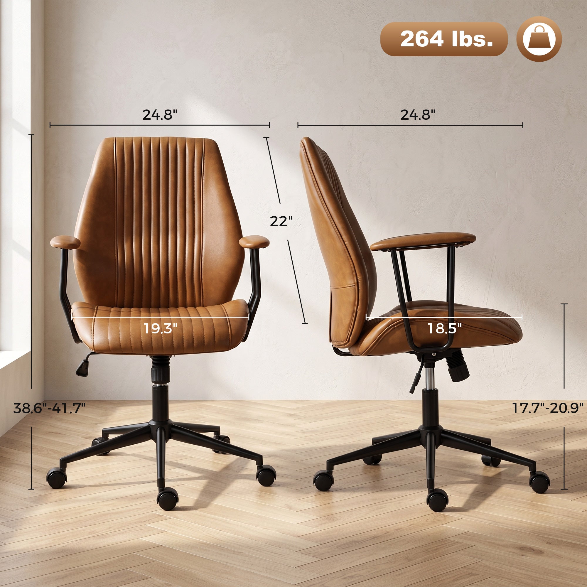 Home Office Desk Chair, PU Leather Computer Chair with Padded Arms, Mid Back, 360° Swivel, Adjustable Height, Tilt Function, Rolling Wheels, Vintage Style for Task, Study, Work, Brown