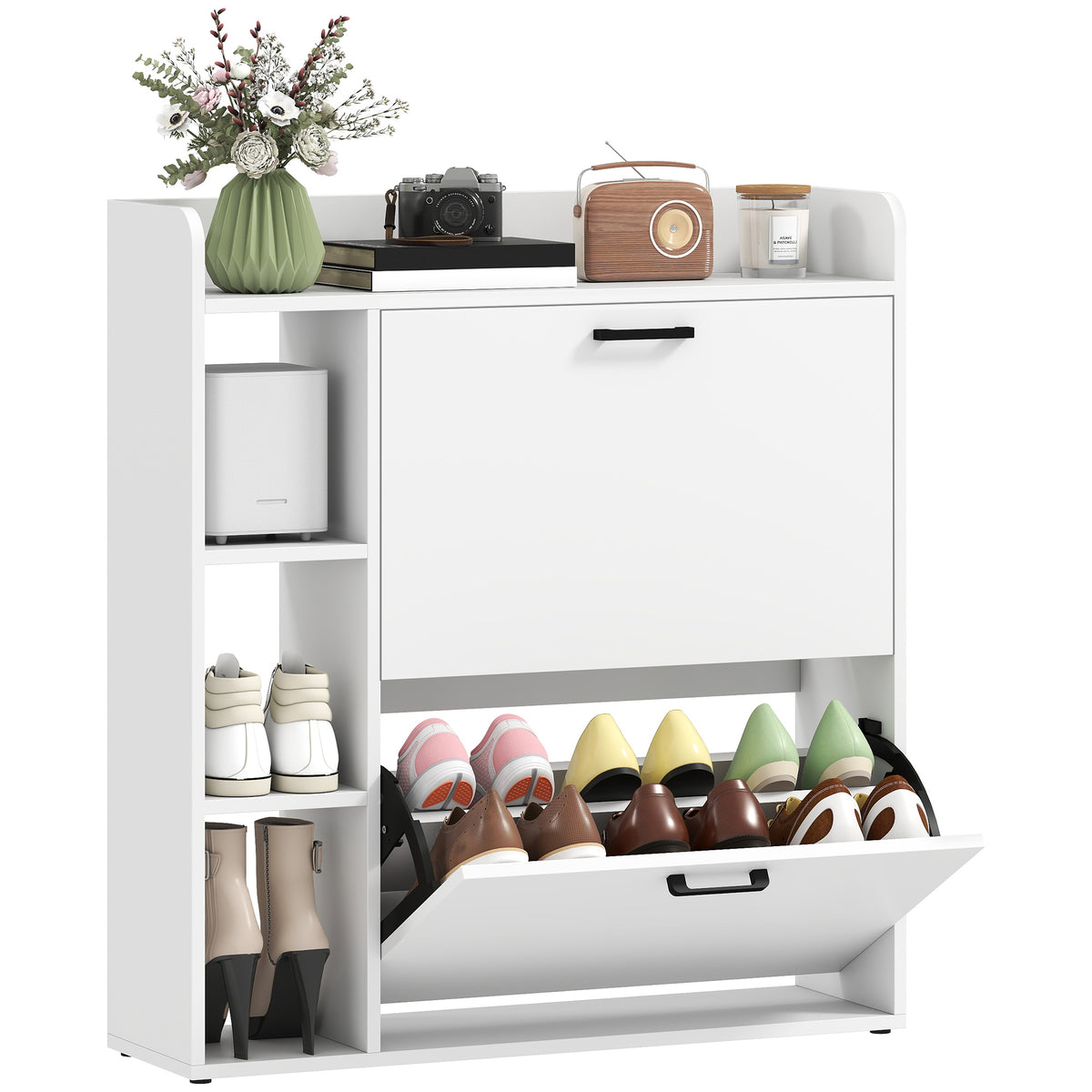 Modern Shoe Cabinet with 2 Flip Drawers, Narrow Shoe Storage Cabinet with Side Compartments and Adjustable Shelves, 8-12 Pairs, for Entryway Hallway, White