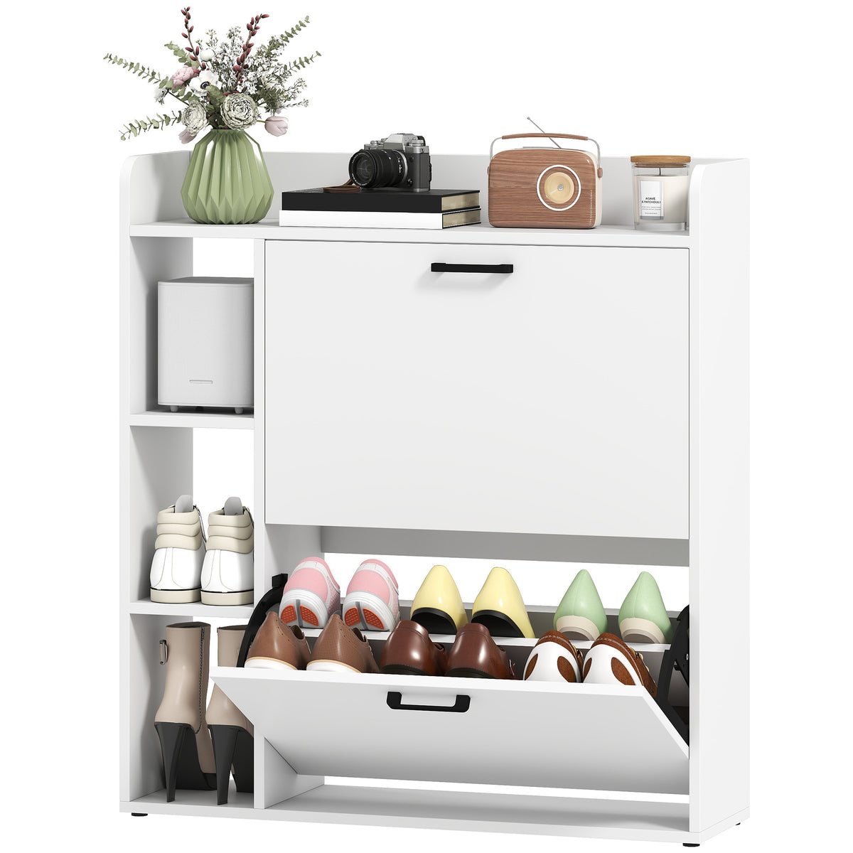 Modern Shoe Cabinet with 2 Flip Drawers, Narrow Shoe Storage Cabinet with Side Compartments and Adjustable Shelves, 8-12 Pairs, for Entryway Hallway, White
