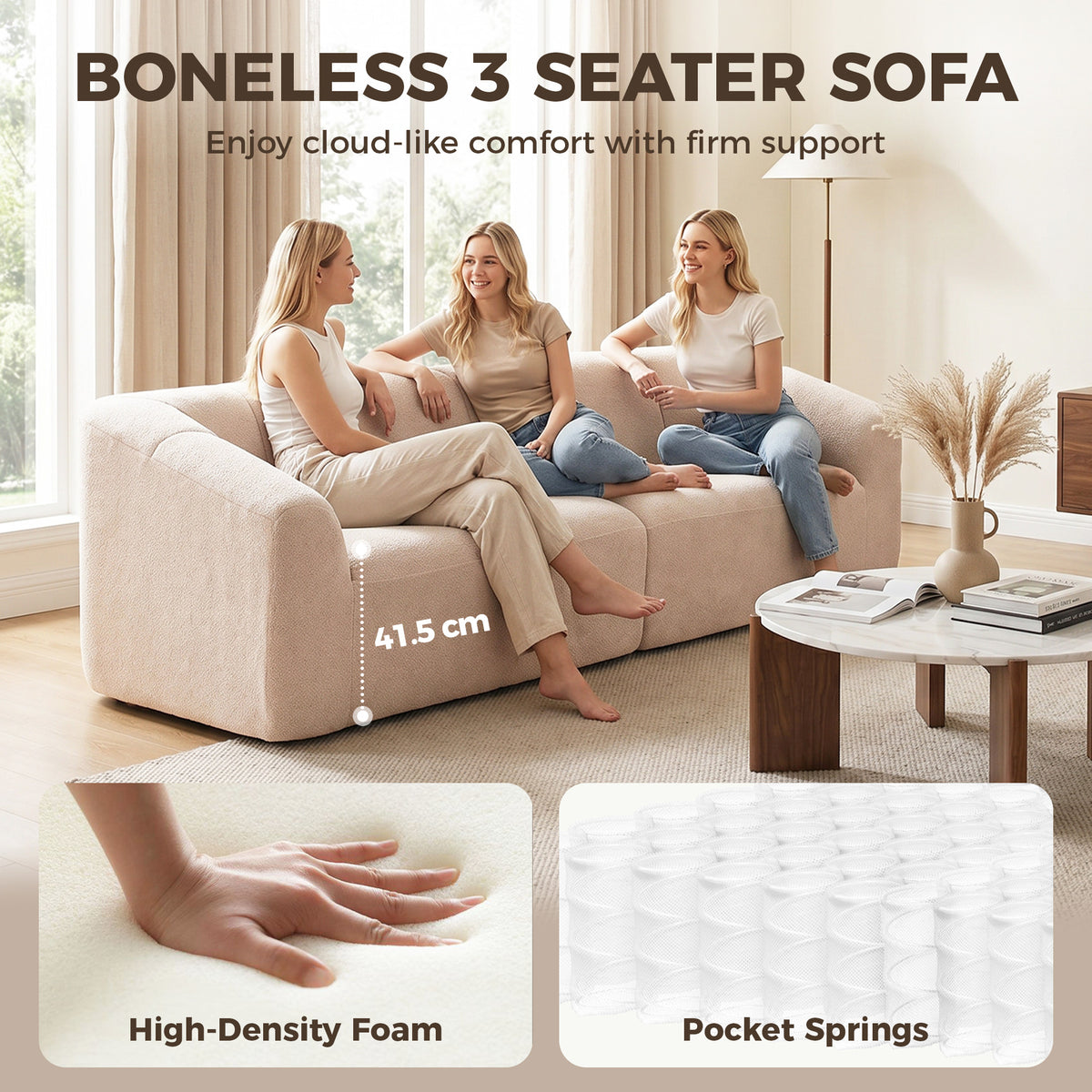 3 Seater Sofa, 89" Chenille Boneless Cloud Couch with Spring Cushion, Wide and Deep Seat, Modern Sofa for Living Room, Beige