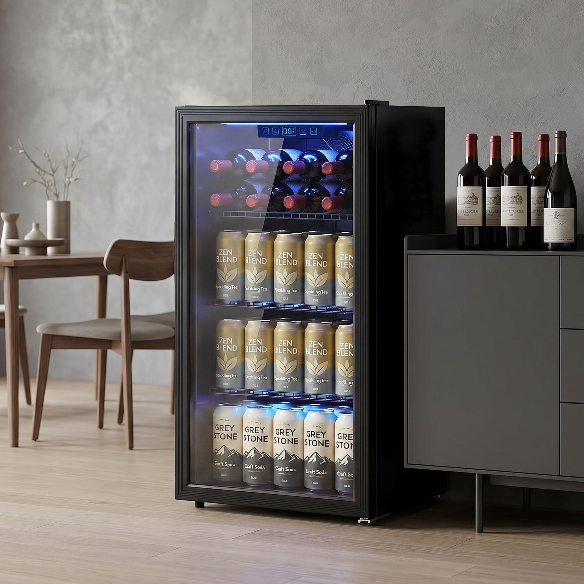 90L Drinks Fridge, 139 Can Under Counter Freestanding Beer Fridge with Double-Layer Glass Door, Wine Cooler with LED Light, Adjustable Shelves, Beverage Cooler for Soda Beer, Home Office