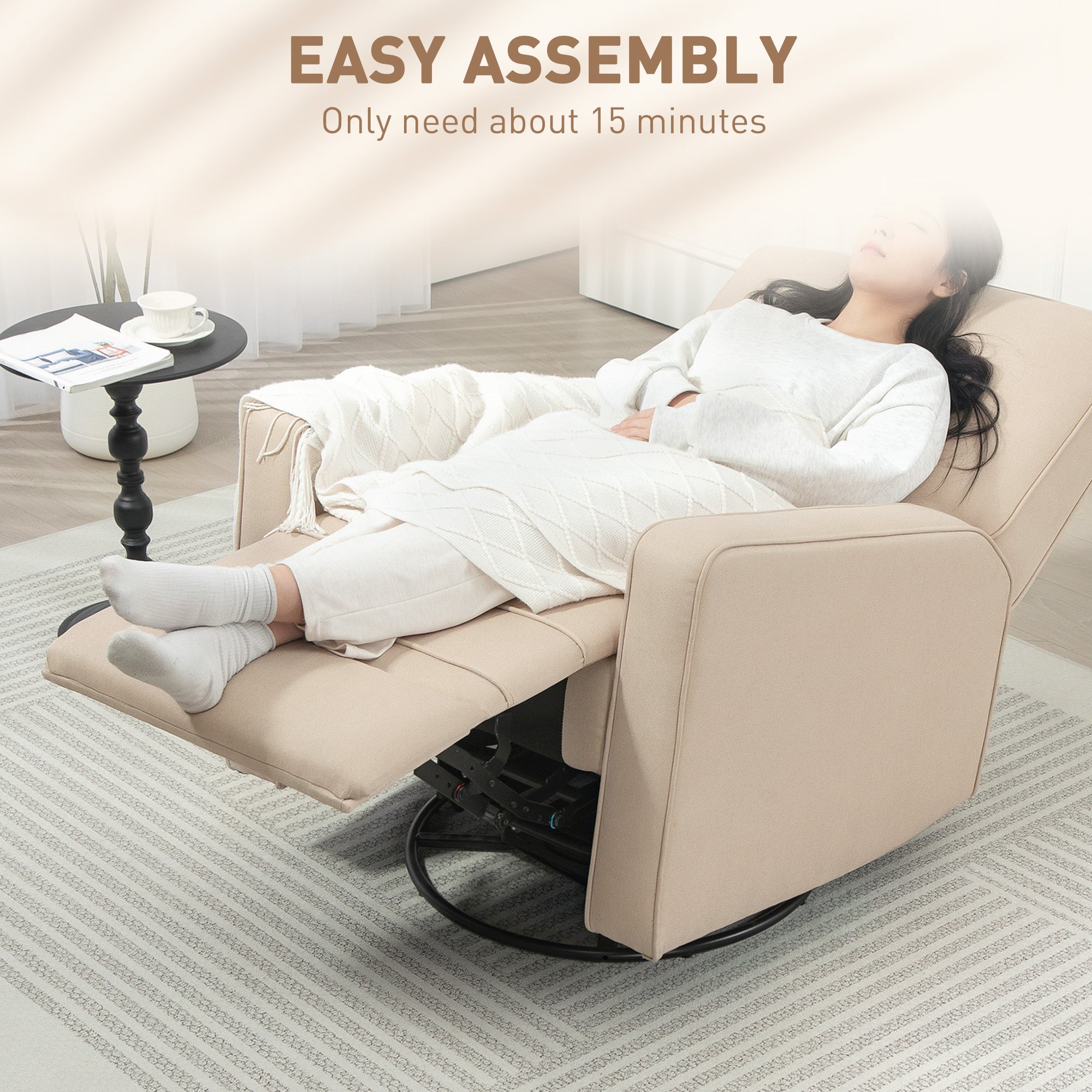 HOMCOM Manual Recliner Chair for Adults, Adjustable Single Sofa with Thick Cushion, Breathable Fabric Glider Rocking Chair for Living Room, Beige