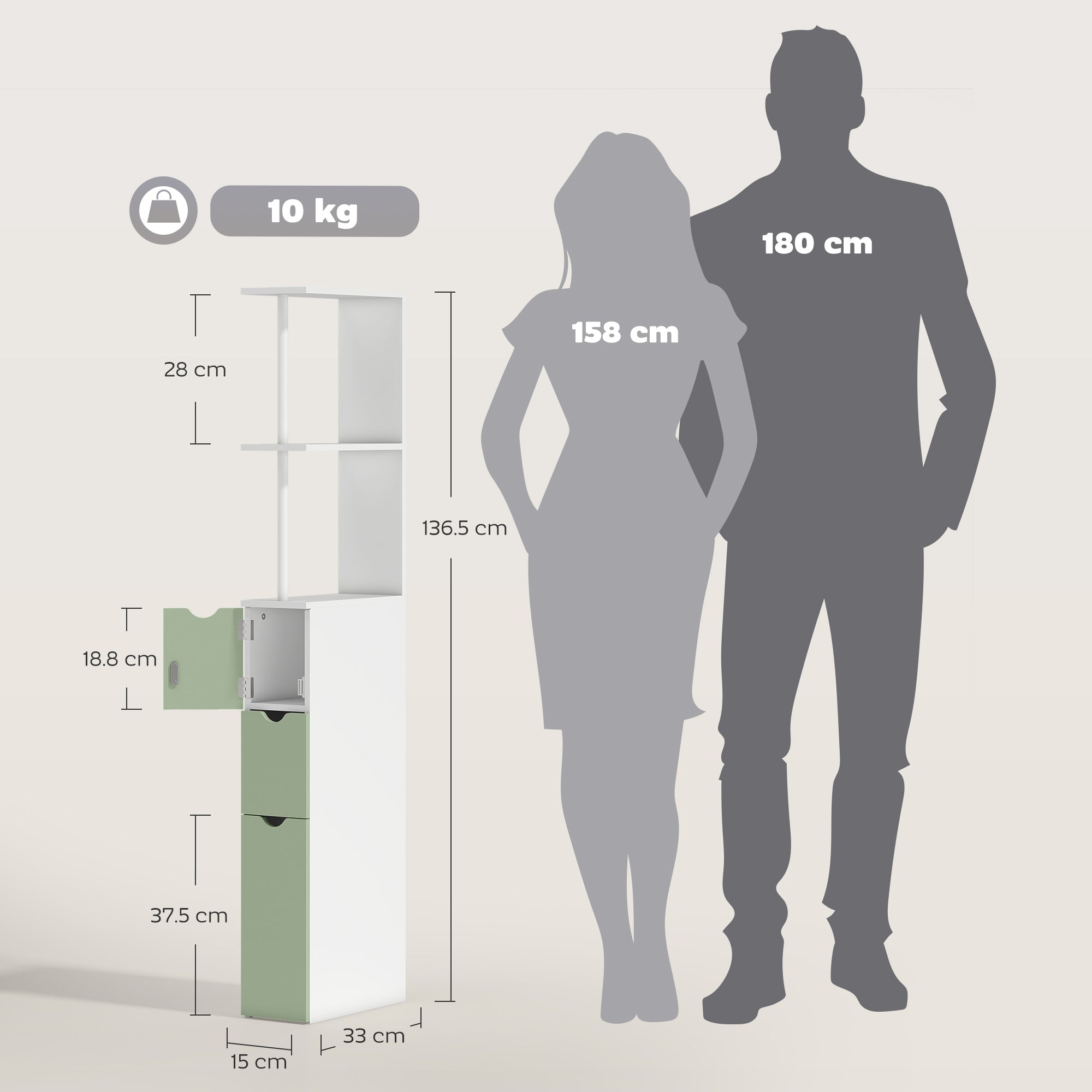 Tall Bathroom Cabinet, Freestanding Slim Bathroom Storage Cabinet with 2-Tier Open Shelf and 2 Drawers for Small Space, Narrow Cupboard Storage Unit, White and Light Green