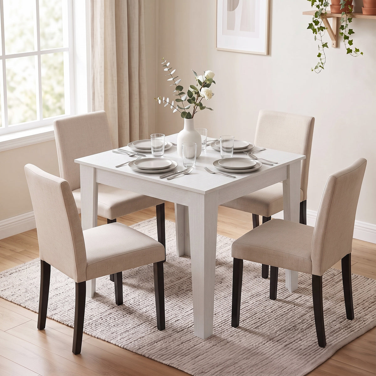 Dining Table for 4, 80L x 80W x 75Hcm, Modern Square Kitchen Table, for Dining Room, Kitchen, Living Room, White
