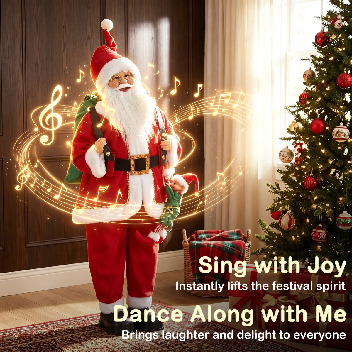 4ft Life Size Singing Dancing Santa Claus, 120 cm Standing Musical Animated Santa with Sack, Hanging Elf, Posable Arms, Handcrafted, Sound Touch Activated, Moving Christmas Figure Decoration