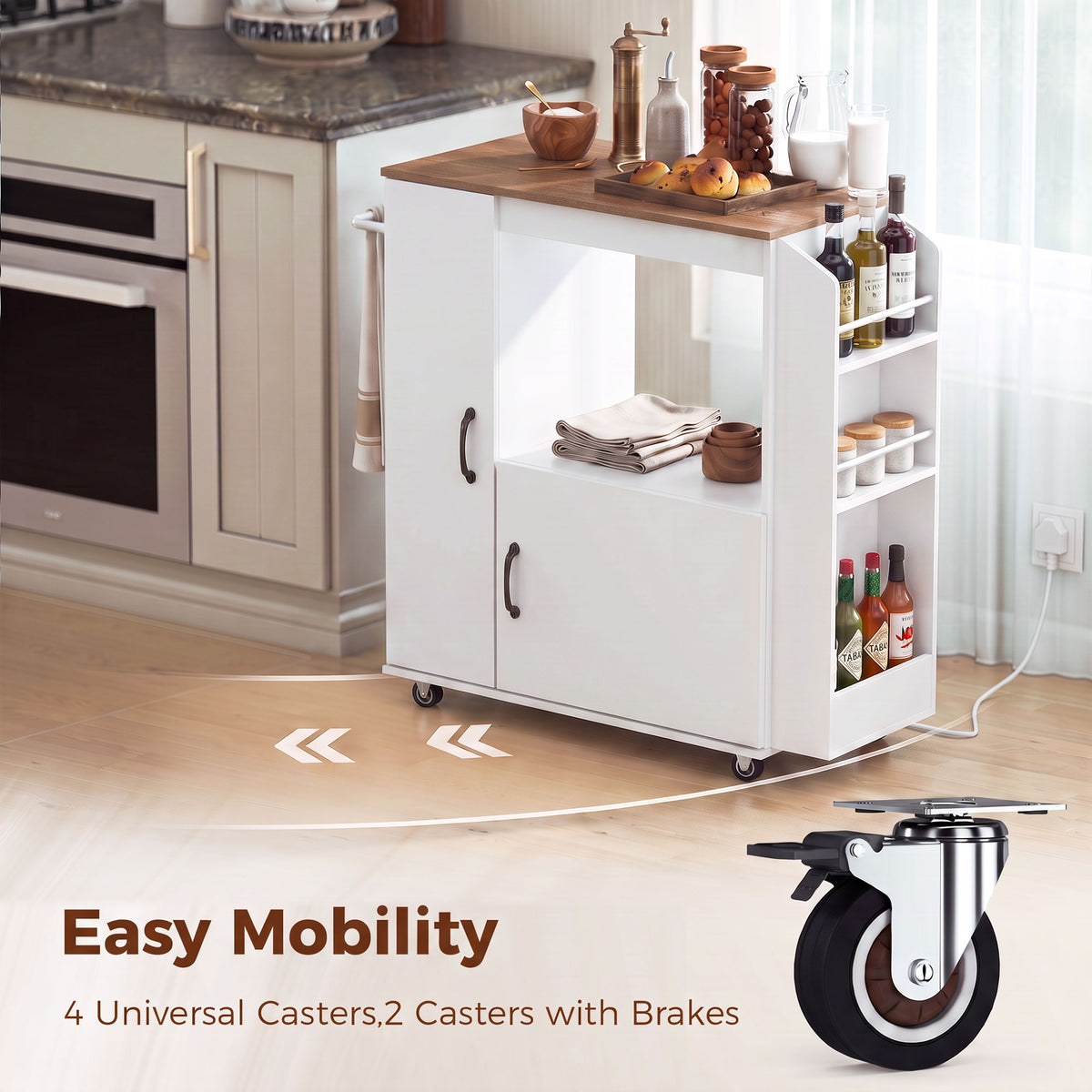 Kitchen Trolley on Wheels, Rolling Kitchen Island Cart with Power Outlet, Cabinet, Pull-Out Drawer and Towel & Spice Rack, Mobile Serving Trolley Cart for Dining Room, Bathroom, White