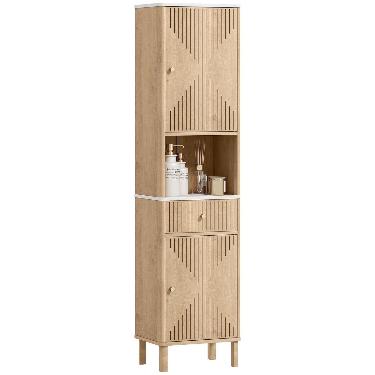 66" Tall Bathroom Cabinet, Freestanding Slim Bathroom Storage Cabinet with Silent-Glide Drawer, Adjustable Shelves, 2 Cupboards and Groove Doors, Oak Wood Effect