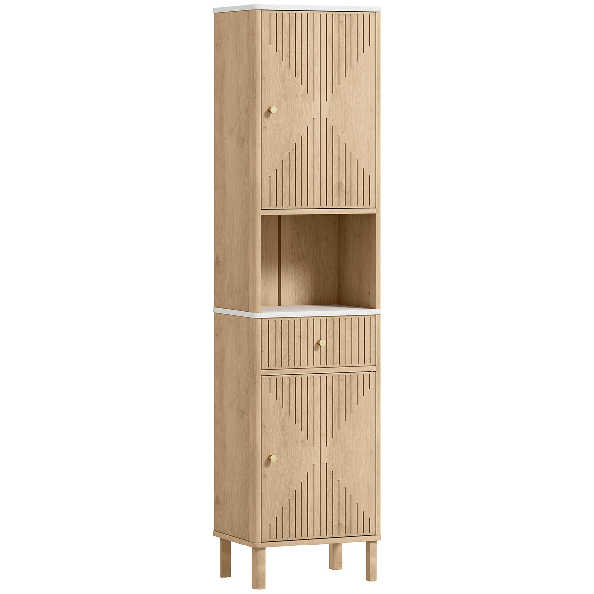 66" Tall Bathroom Cabinet, Freestanding Slim Bathroom Storage Cabinet with Silent-Glide Drawer, Adjustable Shelves, 2 Cupboards and Groove Doors, Oak Wood Effect