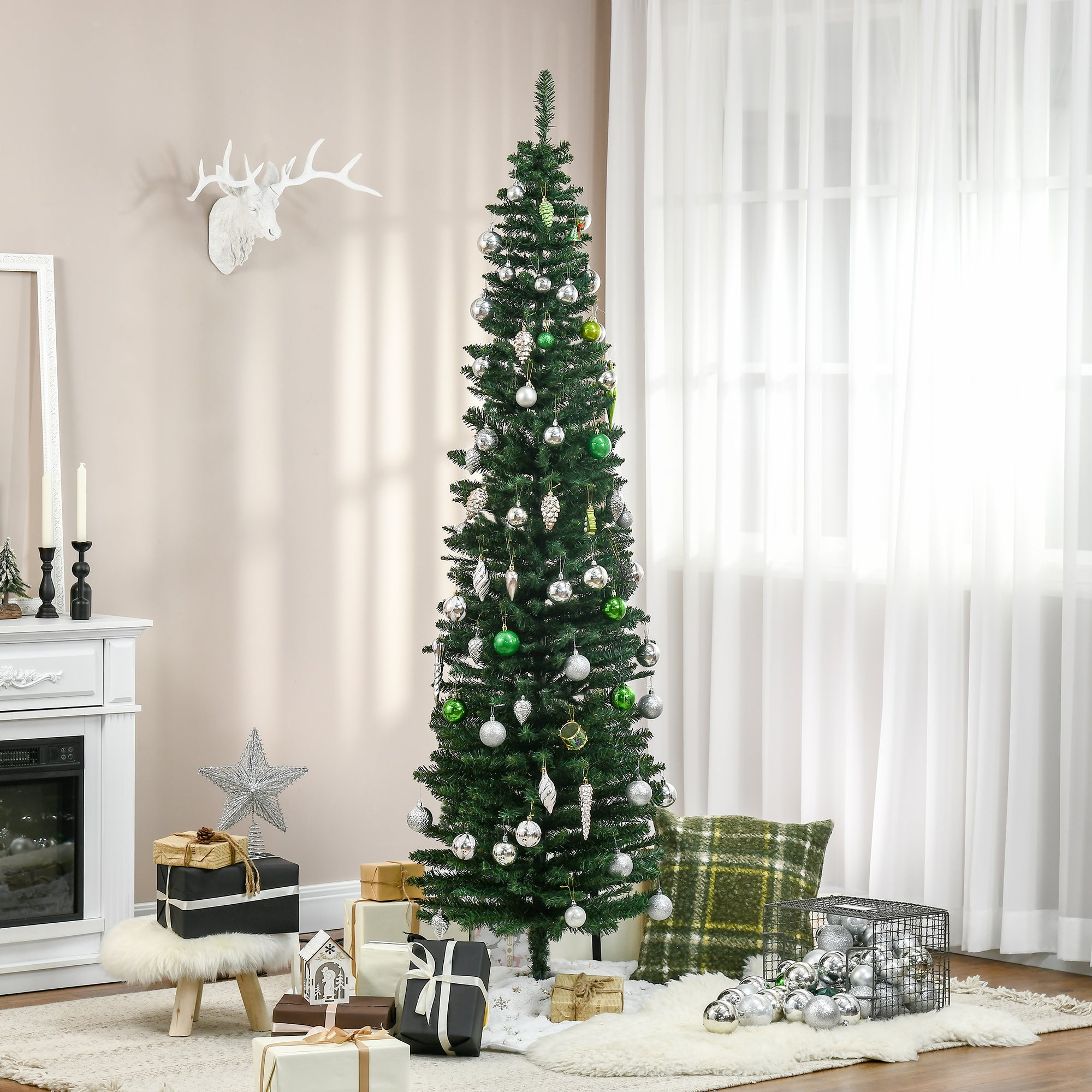 7' Artificial Pencil Christmas Tree Slim Xmas Tree with 499 Realistic Branch Tips and Stand Green