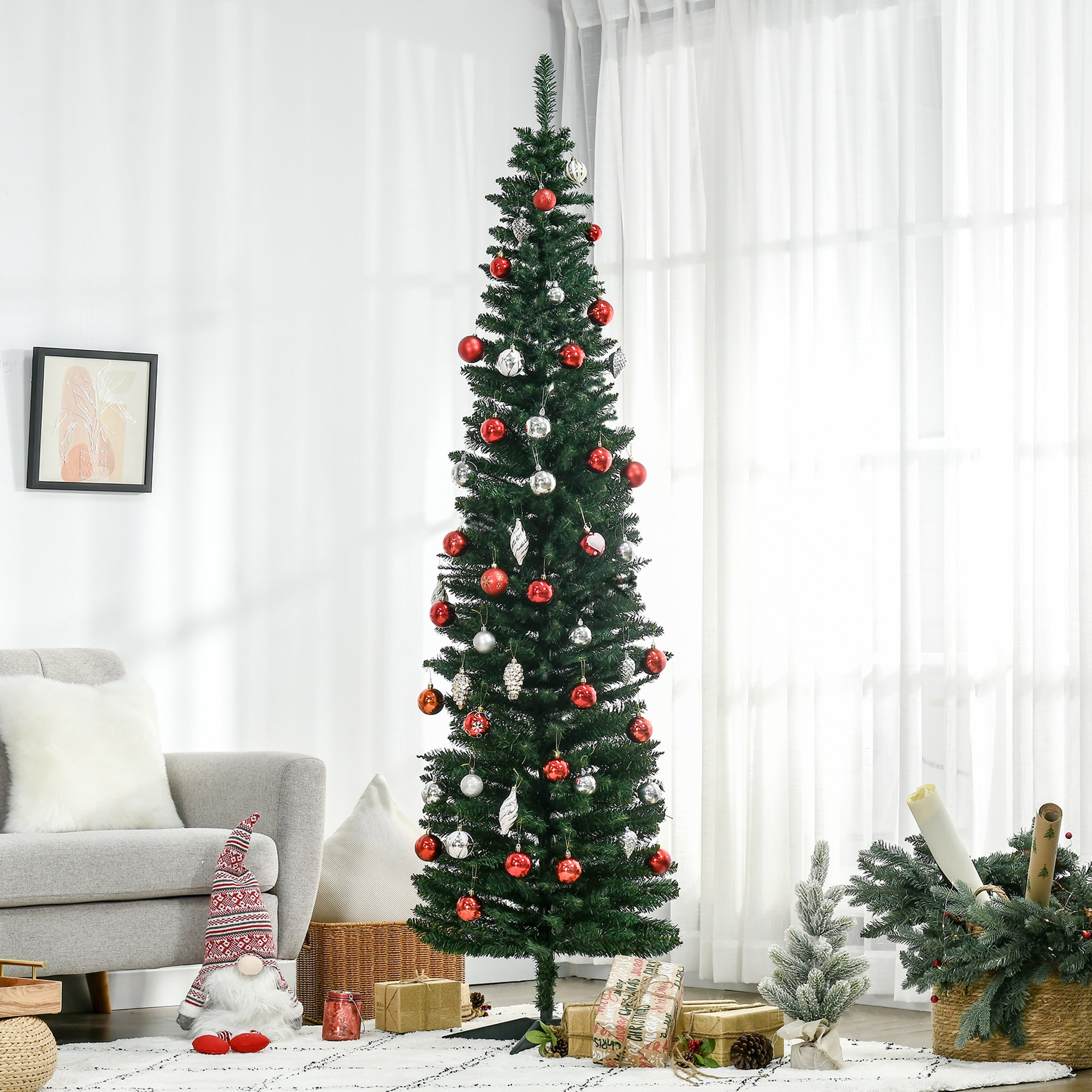 7' Artificial Pencil Christmas Tree Slim Xmas Tree with 499 Realistic Branch Tips and Stand Green