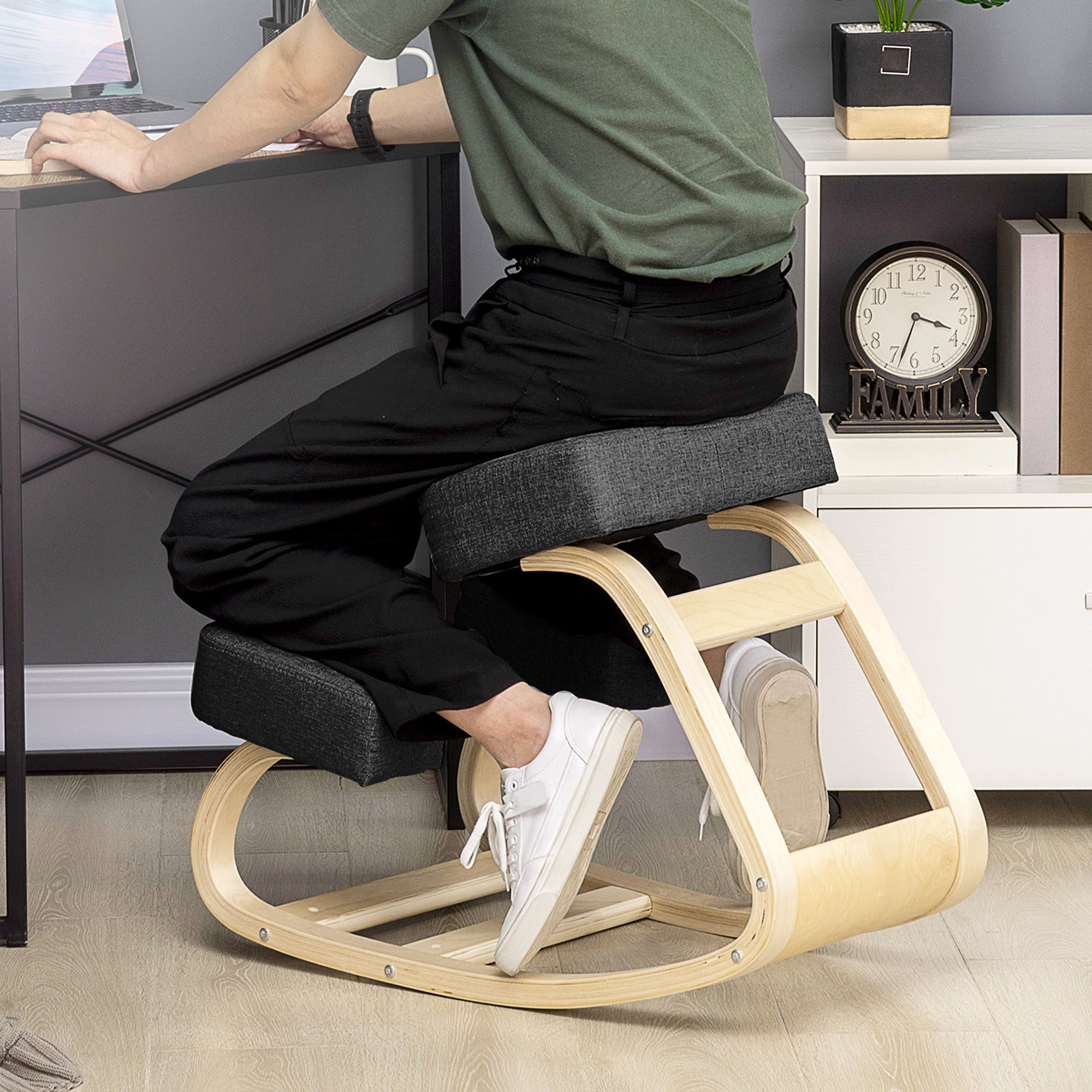 Ergonomic Kneeling Chair, Wood Kneel Stool with Thick Pads, Desk Knee Chair for Home Office, Improve Posture, Back Pain, Black