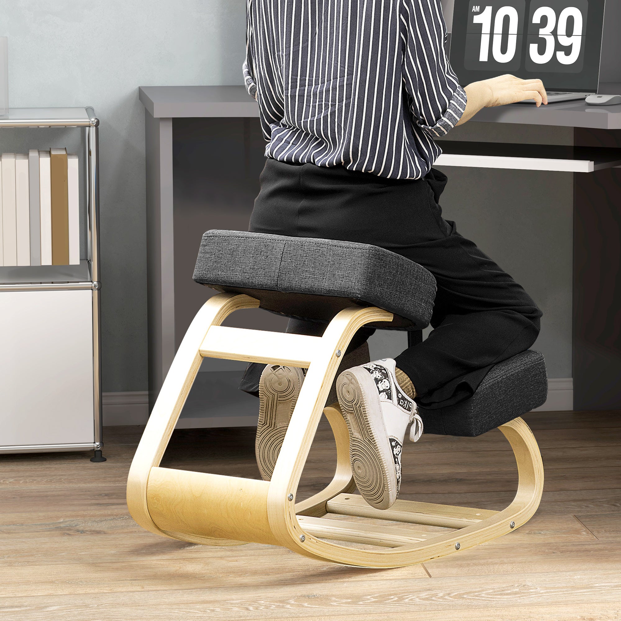 Ergonomic Kneeling Chair, Wood Kneel Stool with Thick Pads, Desk Knee Chair for Home Office, Improve Posture, Back Pain, Black