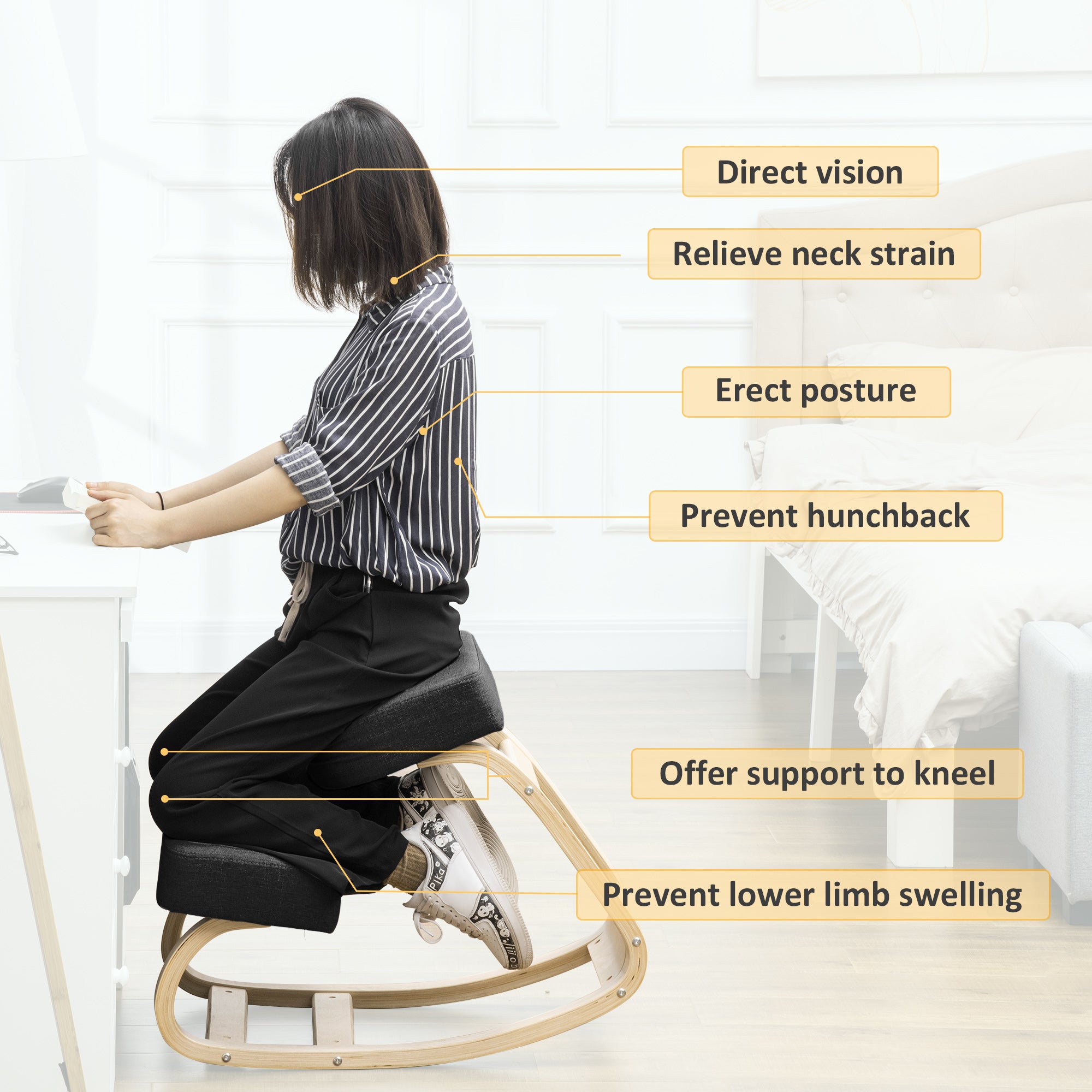 Ergonomic Kneeling Chair, Wood Kneel Stool with Thick Pads, Desk Knee Chair for Home Office, Improve Posture, Back Pain, Black