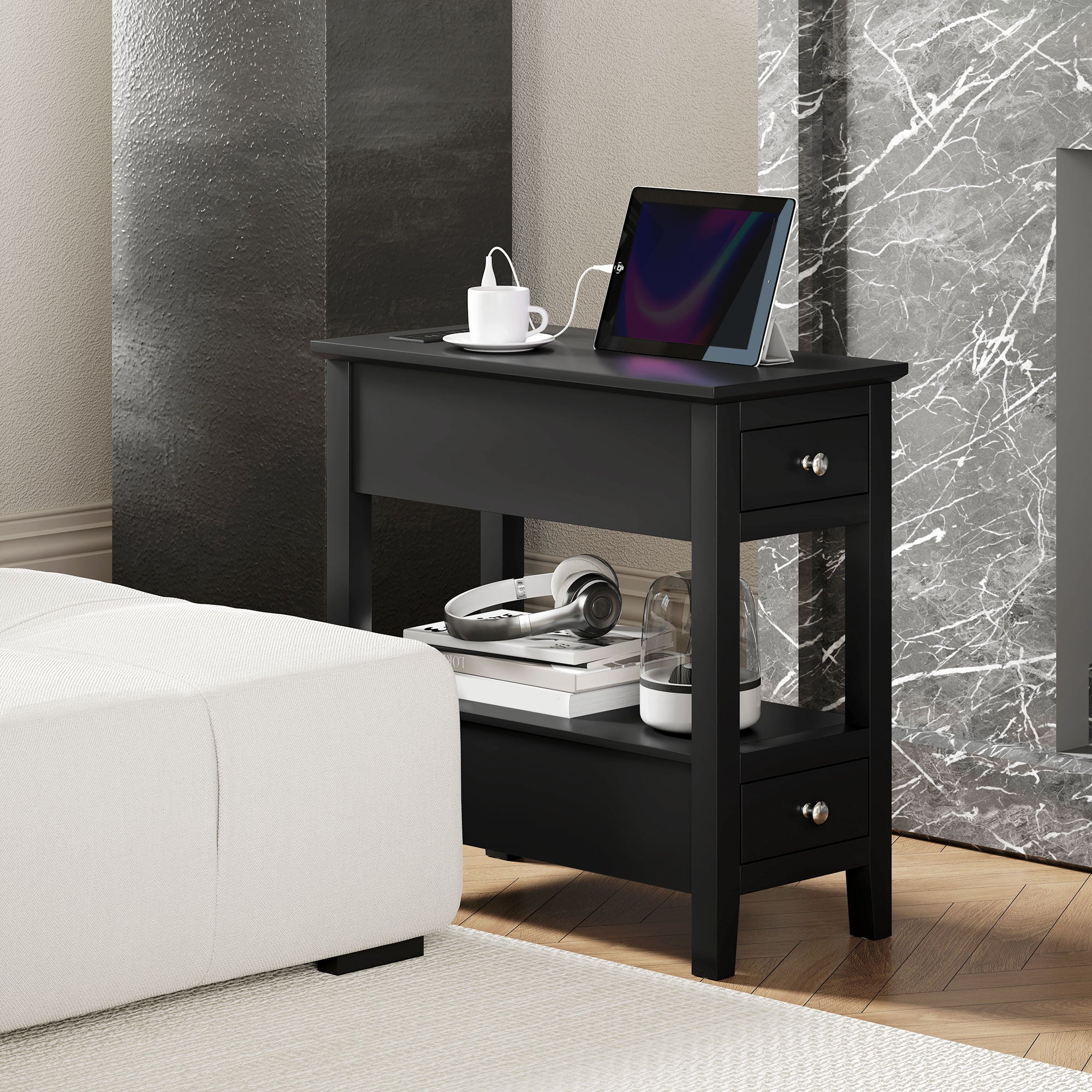 HOMCOM End Table with Charging Station and USB Ports, Modern Narrow Side Table with Storage Shelf, 2 Drawers for Living Room, Black