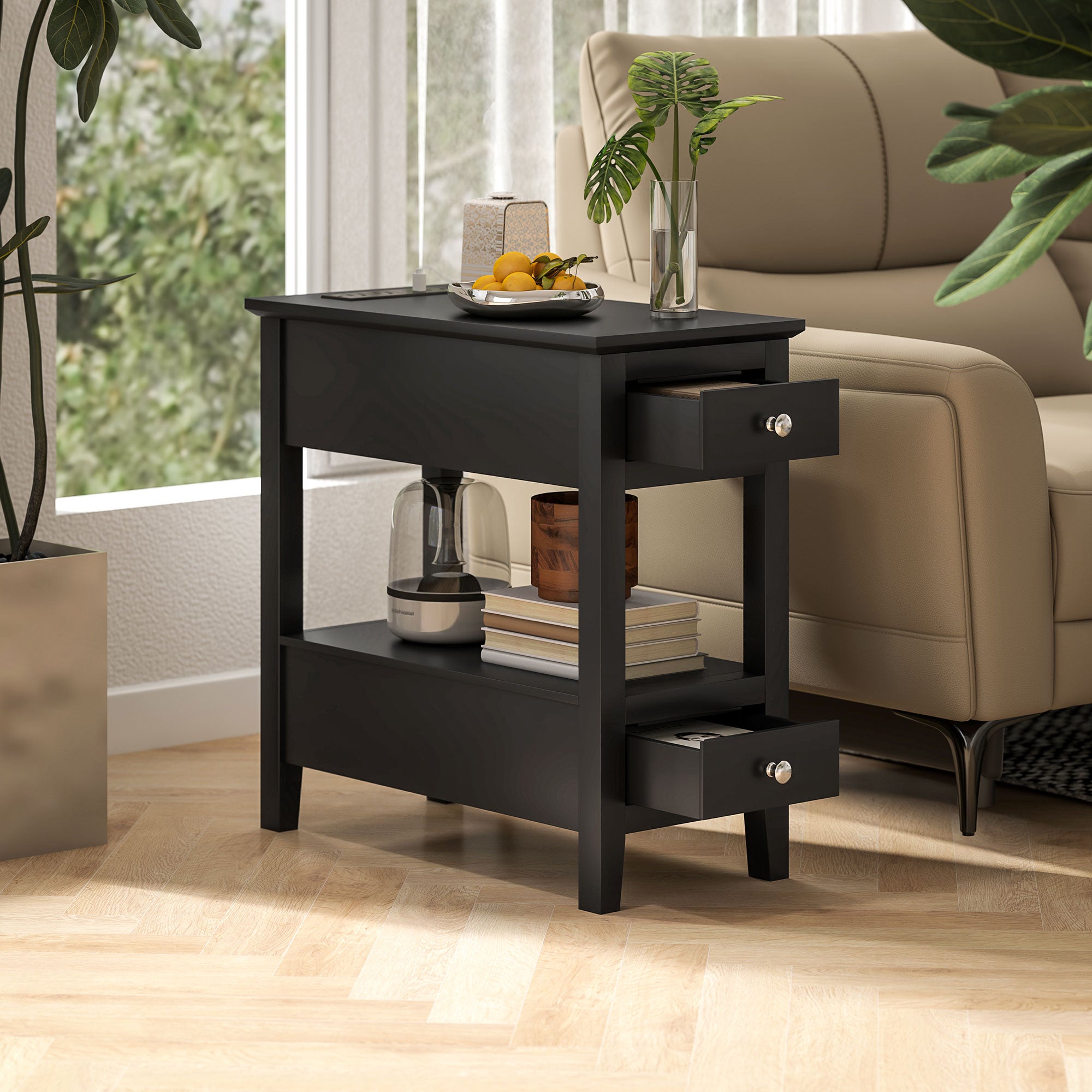 HOMCOM End Table with Charging Station and USB Ports, Modern Narrow Side Table with Storage Shelf, 2 Drawers for Living Room, Black
