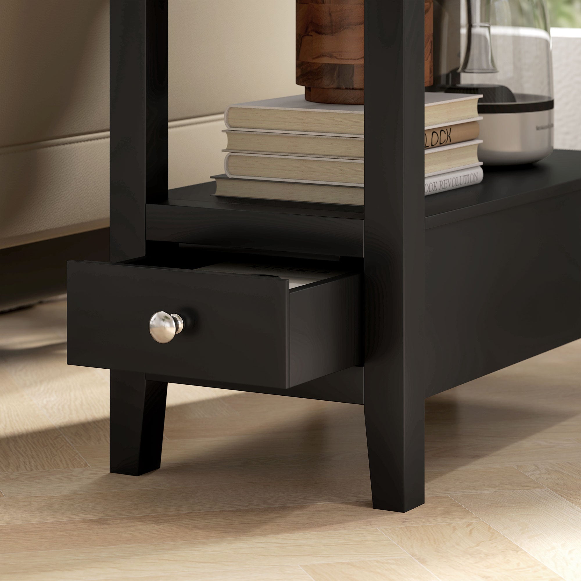 HOMCOM End Table with Charging Station and USB Ports, Modern Narrow Side Table with Storage Shelf, 2 Drawers for Living Room, Black