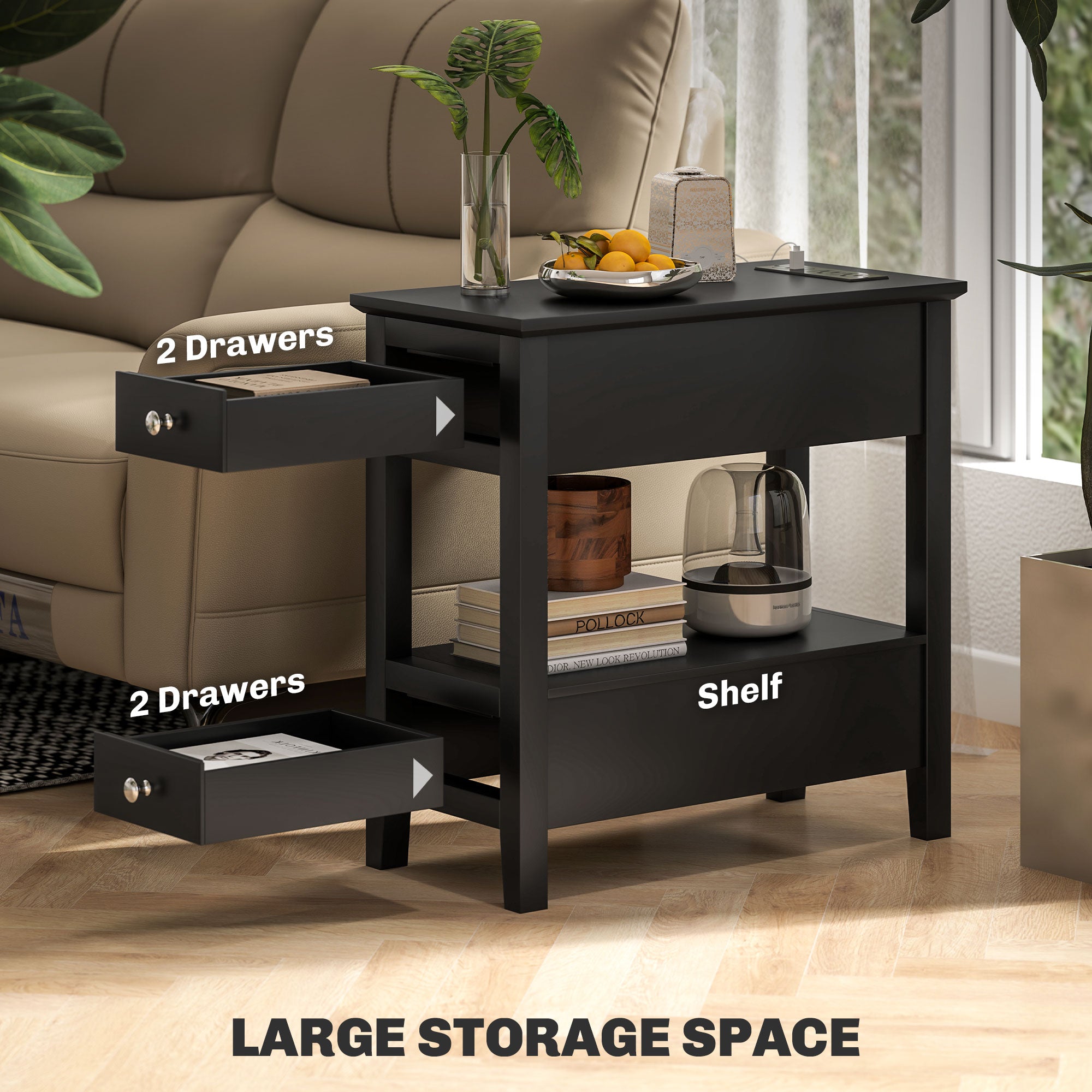 HOMCOM End Table with Charging Station and USB Ports, Modern Narrow Side Table with Storage Shelf, 2 Drawers for Living Room, Black