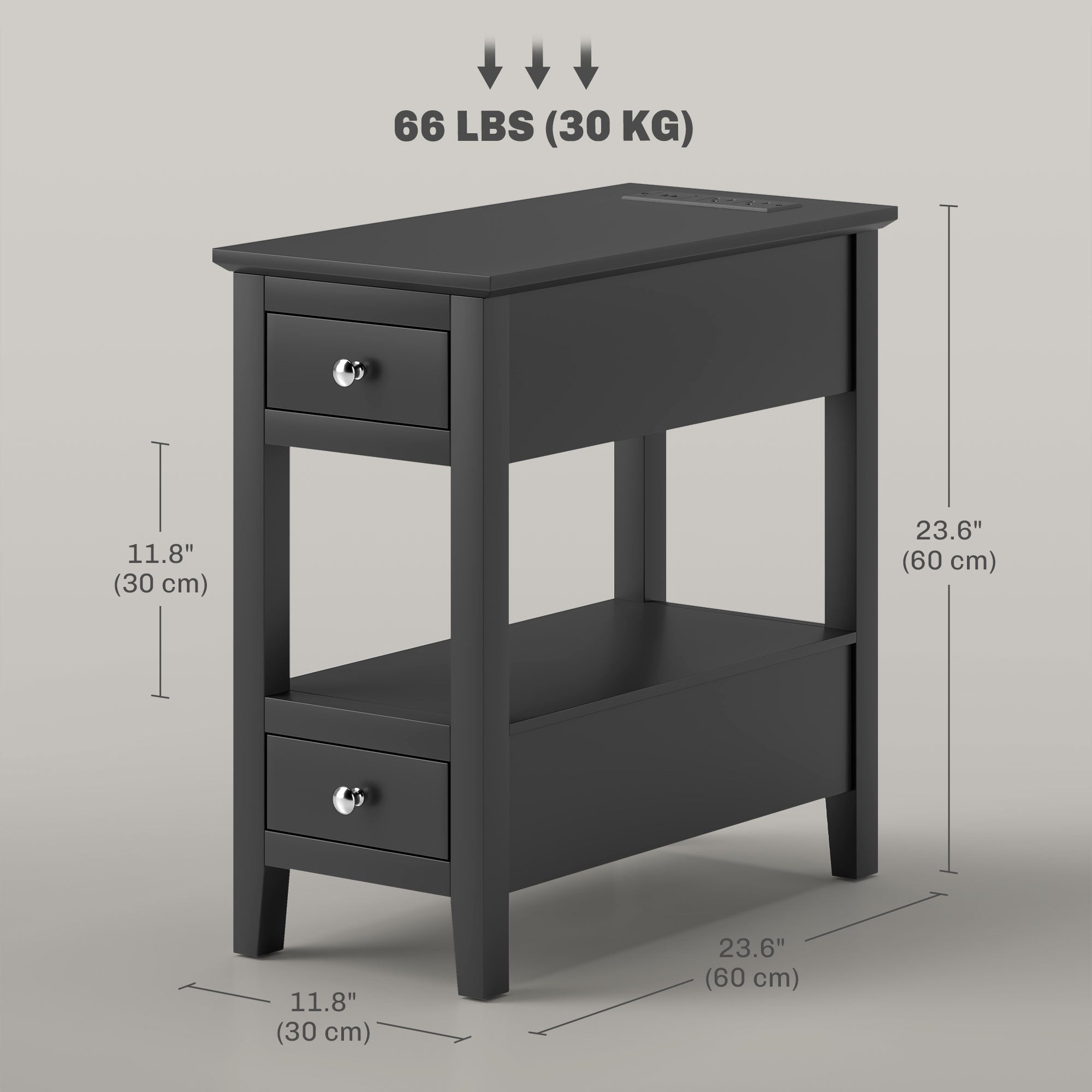 HOMCOM End Table with Charging Station and USB Ports, Modern Narrow Side Table with Storage Shelf, 2 Drawers for Living Room, Black