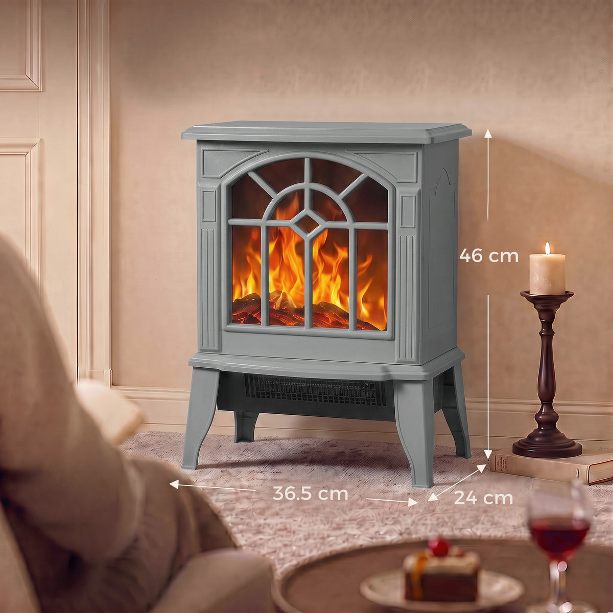 Freestanding Electric Fireplace, Electric Log Burner with LED Flame Effect, Overheating Safety System, 1000W/2000W, Grey