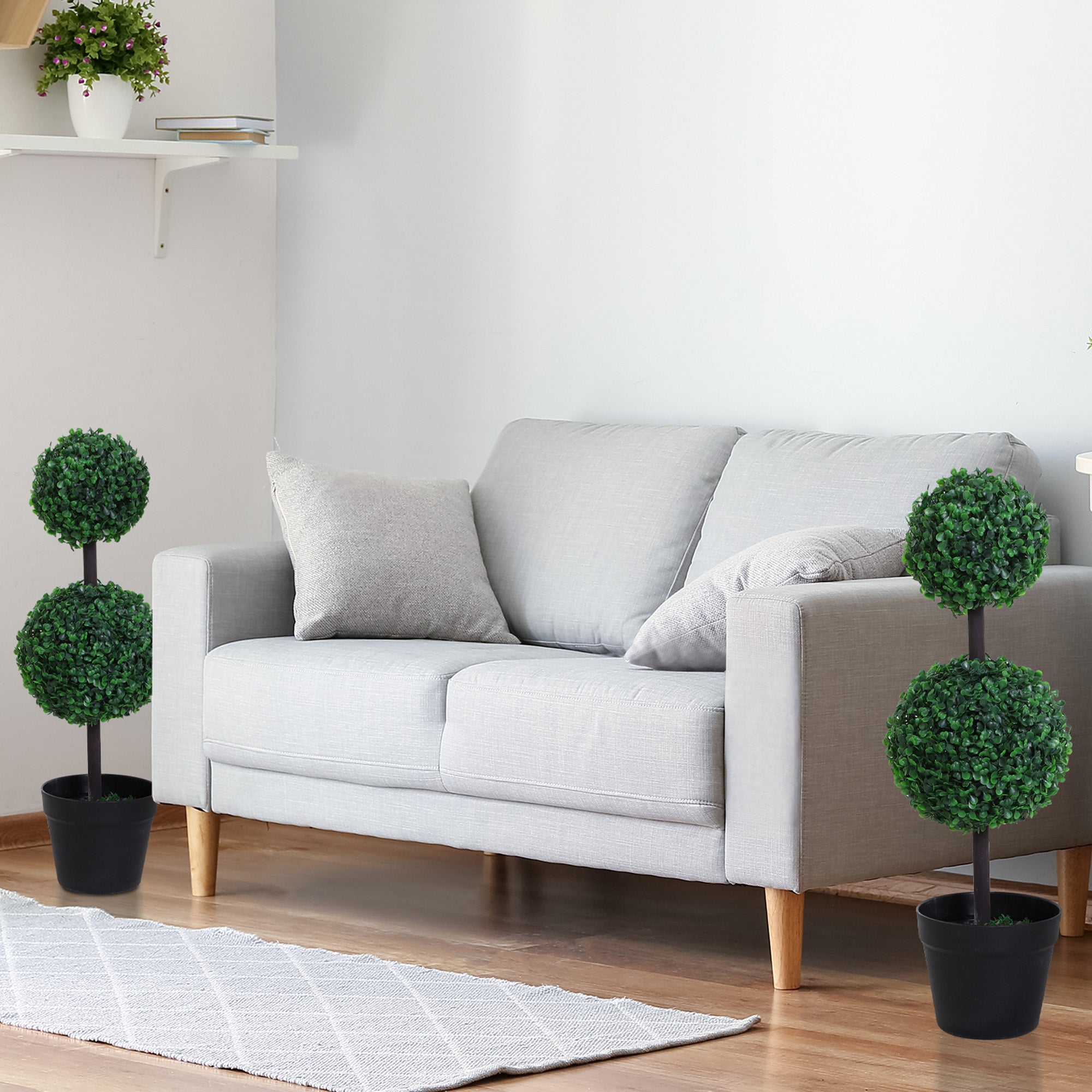 Boxwood Topiary Tree Set of 2, 2-Ball Artificial Plant, UV Resistant for Home Office, Living Room Decor, Dark Green