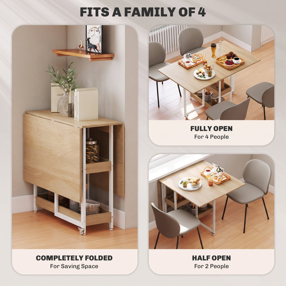 Folding Dining Table for 4, Space-Saving Drop-Leaf Kitchen Table with Storage Shelves and Wheels for Small Spaces, Dining Room or Kitchen, Natural
