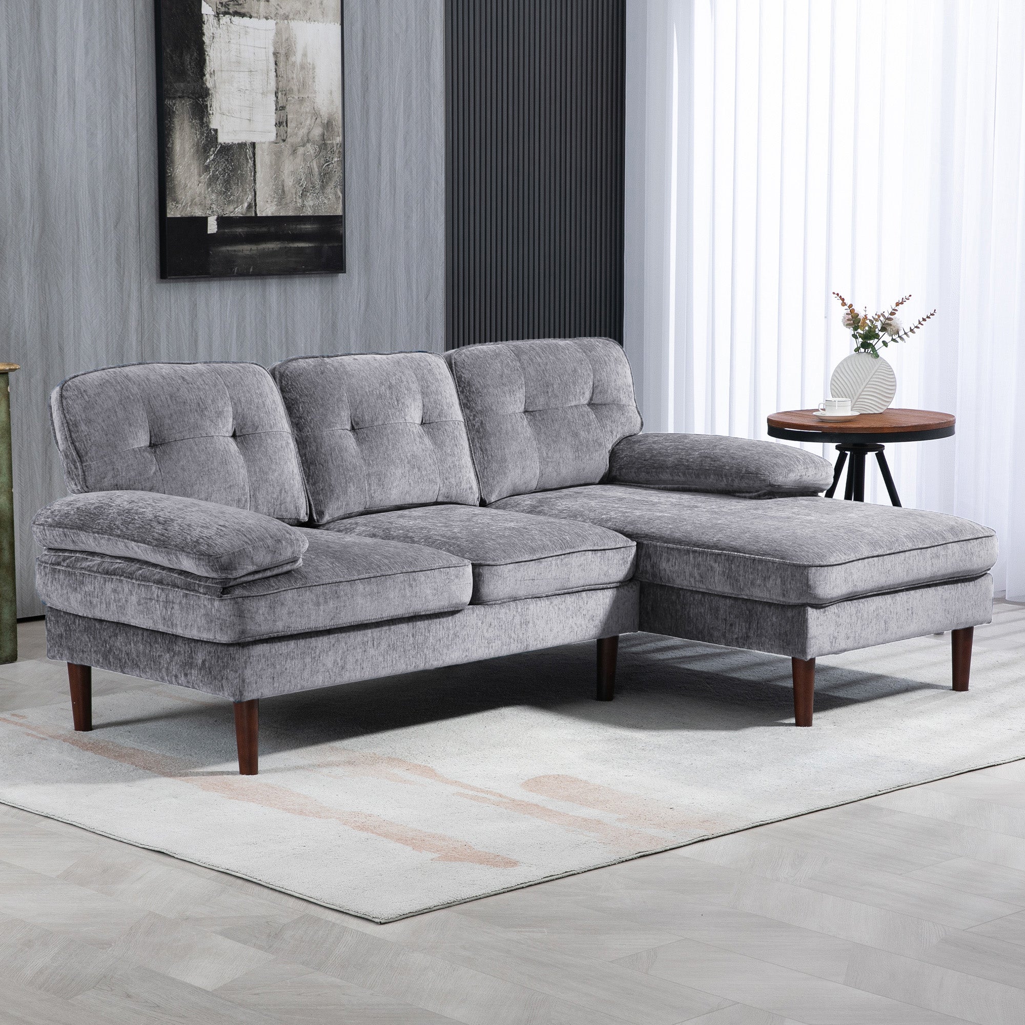 HOMCOM L Shape Sofa with Right Chaise Lounge, Modern 3-Seater Couch with Wooden Legs and Arms, Tufted Corner Sofa for Living Room, Bedroom, Grey