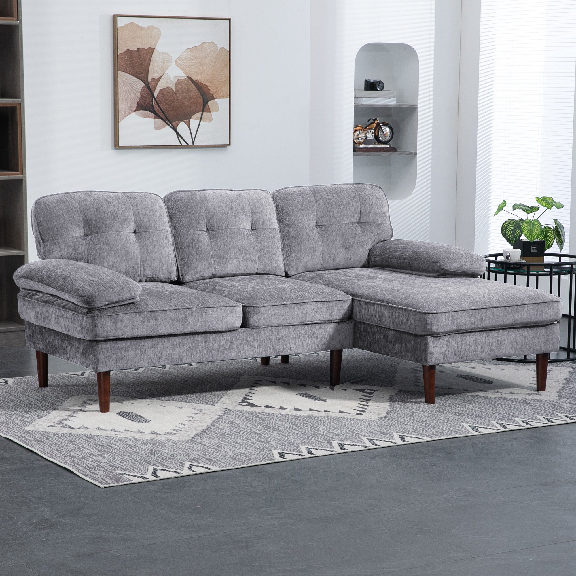 HOMCOM L Shape Sofa with Right Chaise Lounge, Modern 3-Seater Couch with Wooden Legs and Arms, Tufted Corner Sofa for Living Room, Bedroom, Grey