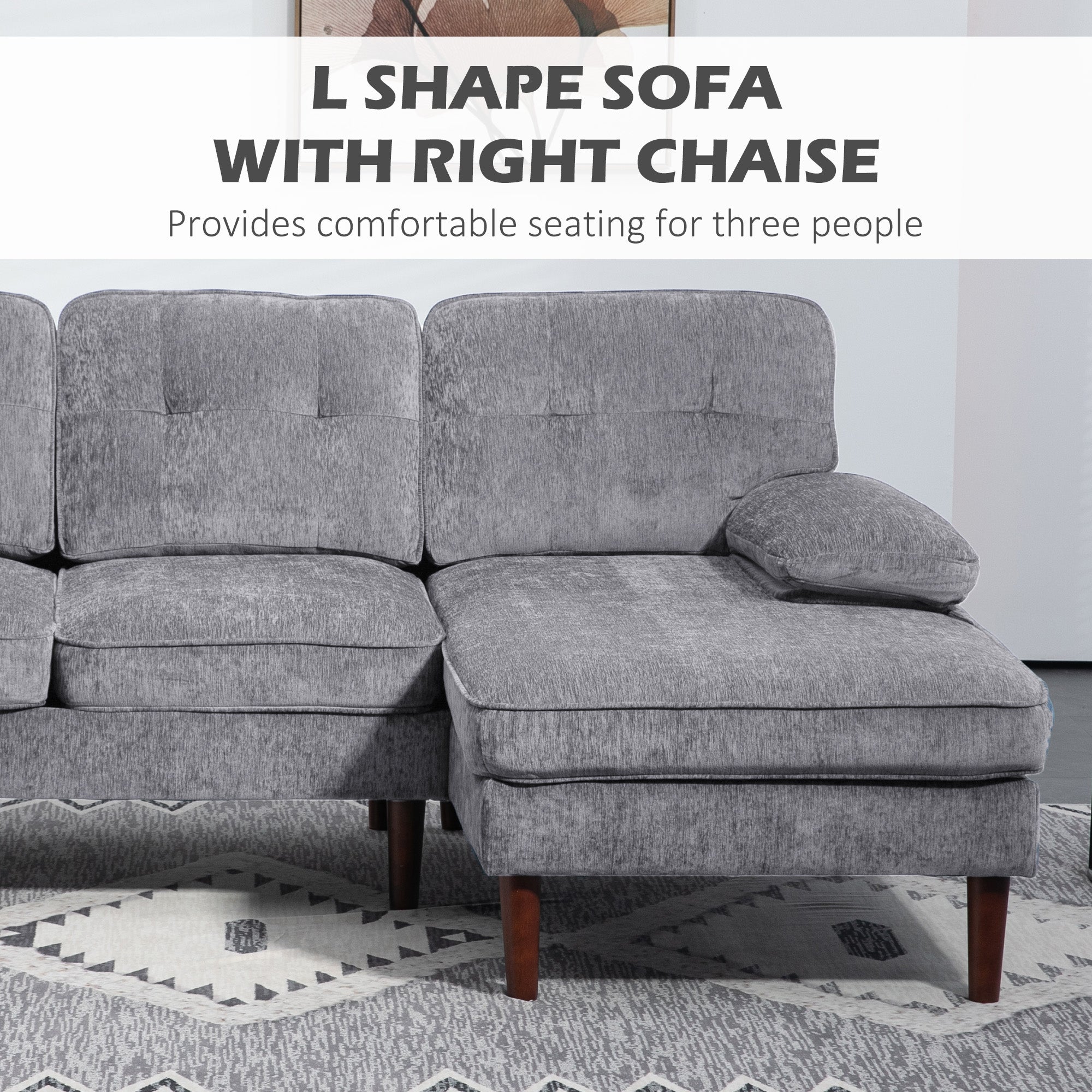 HOMCOM L Shape Sofa with Right Chaise Lounge, Modern 3-Seater Couch with Wooden Legs and Arms, Tufted Corner Sofa for Living Room, Bedroom, Grey