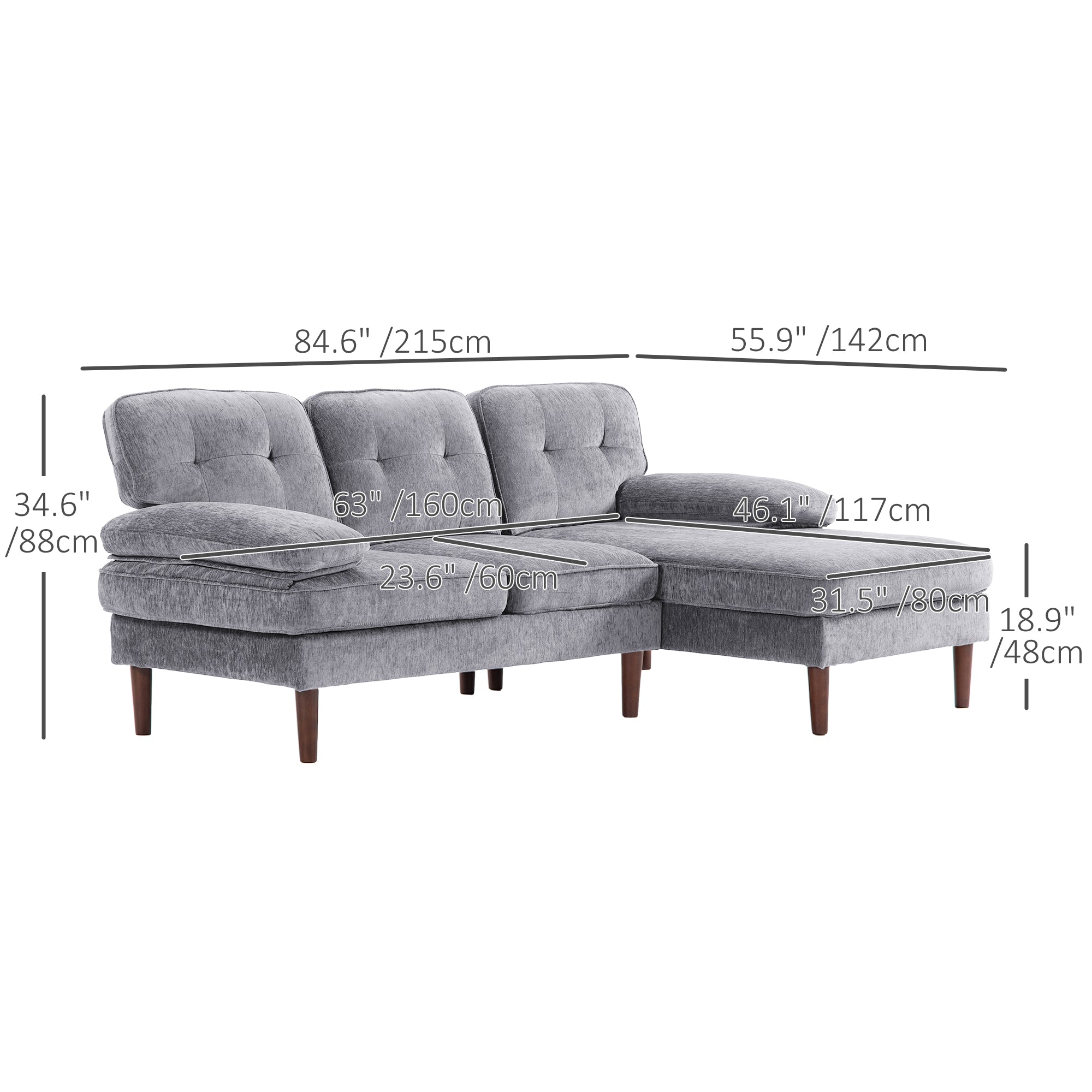 HOMCOM L Shape Sofa with Right Chaise Lounge, Modern 3-Seater Couch with Wooden Legs and Arms, Tufted Corner Sofa for Living Room, Bedroom, Grey