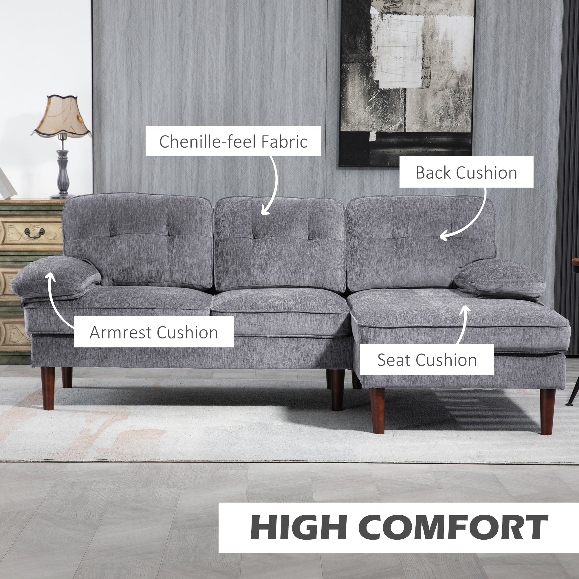 HOMCOM L Shape Sofa with Right Chaise Lounge, Modern 3-Seater Couch with Wooden Legs and Arms, Tufted Corner Sofa for Living Room, Bedroom, Grey