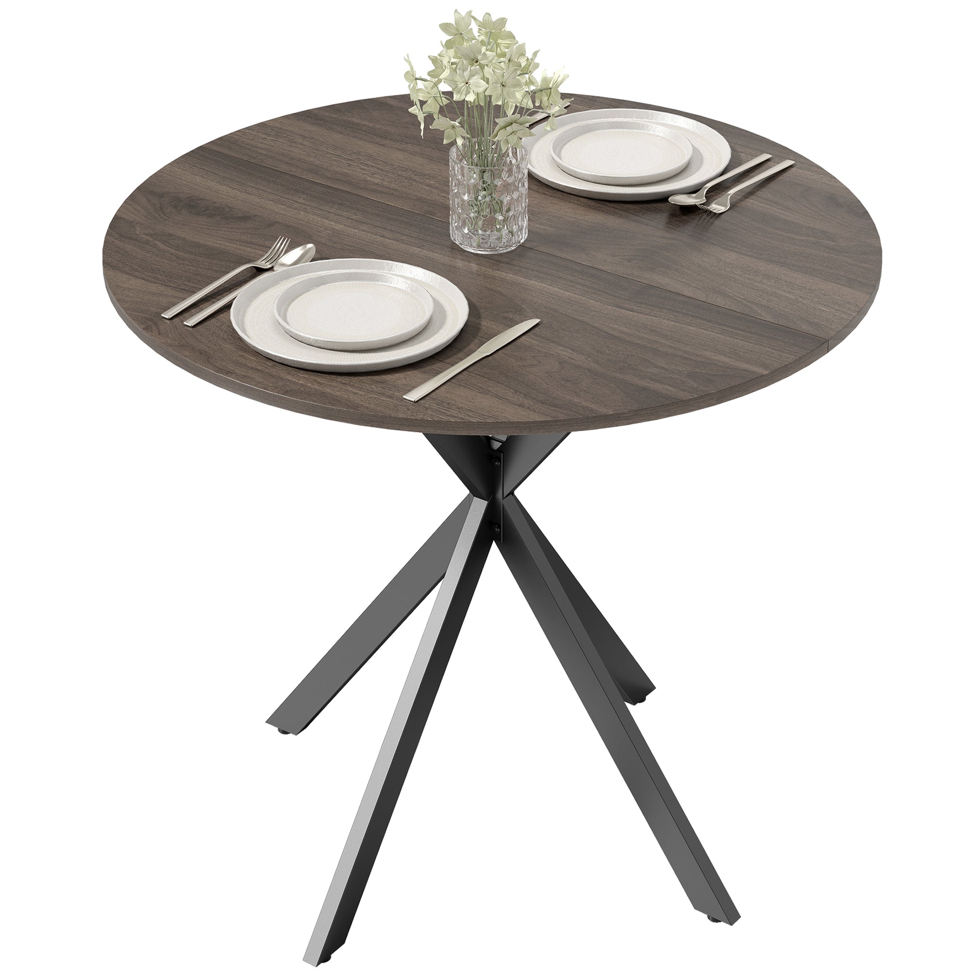 80cm Round Dining Table, Industrial Kitchen Table with Cross Steel Legs for Dining Room, Kitchen, Living Room, Brown