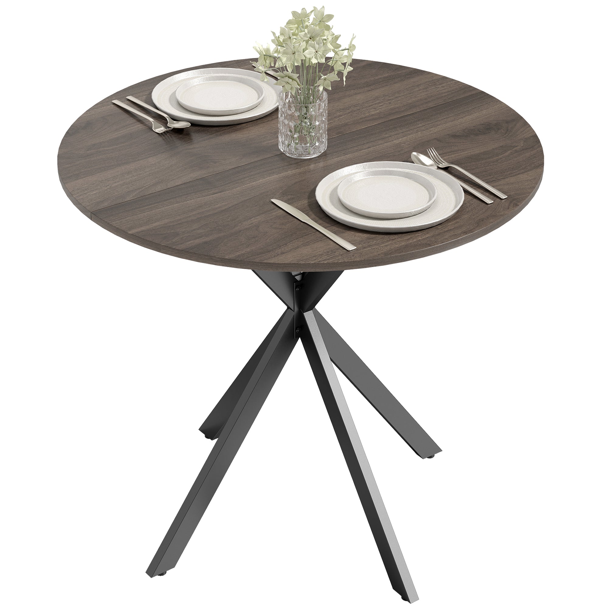 80cm Round Dining Table, Industrial Kitchen Table with Cross Steel Legs for Dining Room, Kitchen, Living Room, Brown