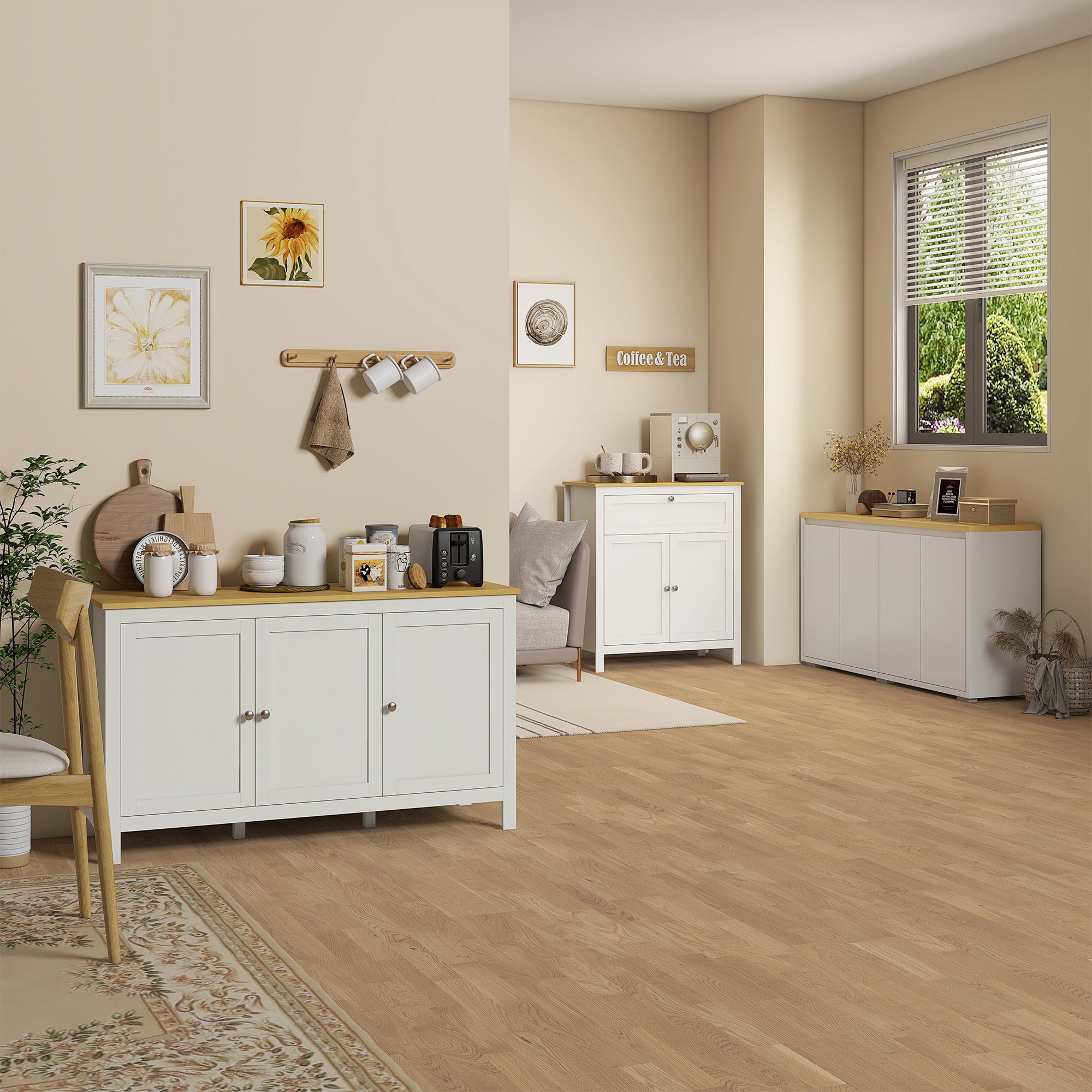 HOMCOM Buffet Cabinet, Sideboard, Storage Cabinet with Doors, 2 Adjustable Shelves, White and Natural