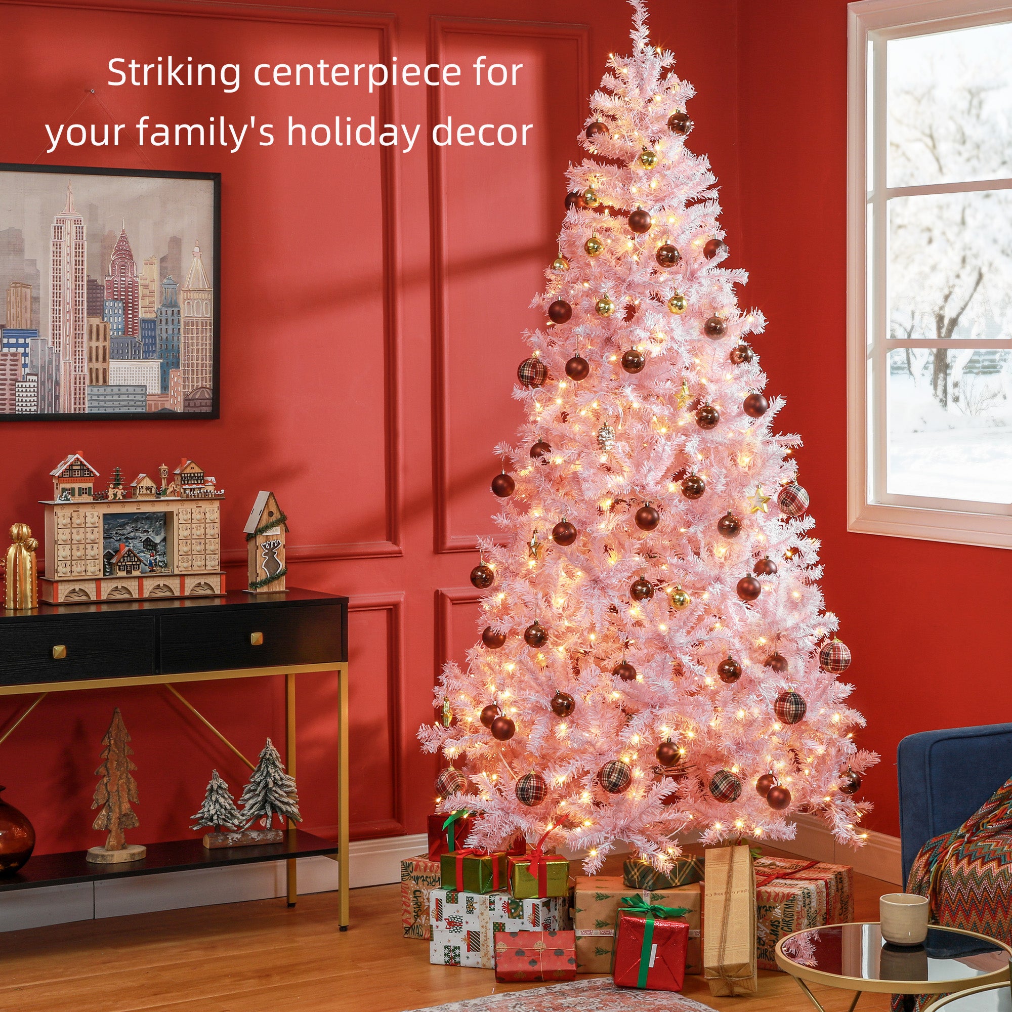 7.5 FT Tall PreLit Artificial Christmas Tree with Realistic Branches 500 Warm White LED Lights Pink