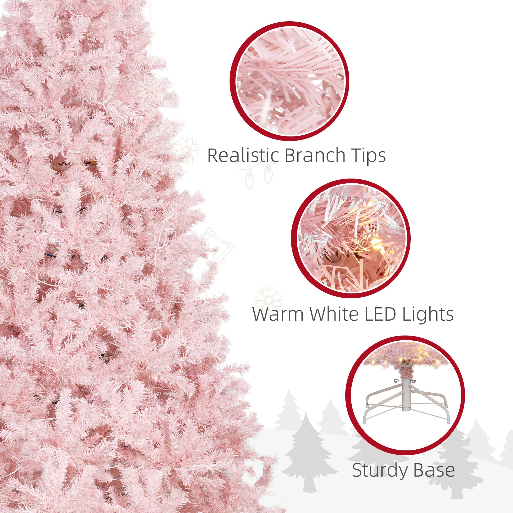 7.5 FT Tall PreLit Artificial Christmas Tree with Realistic Branches 500 Warm White LED Lights Pink