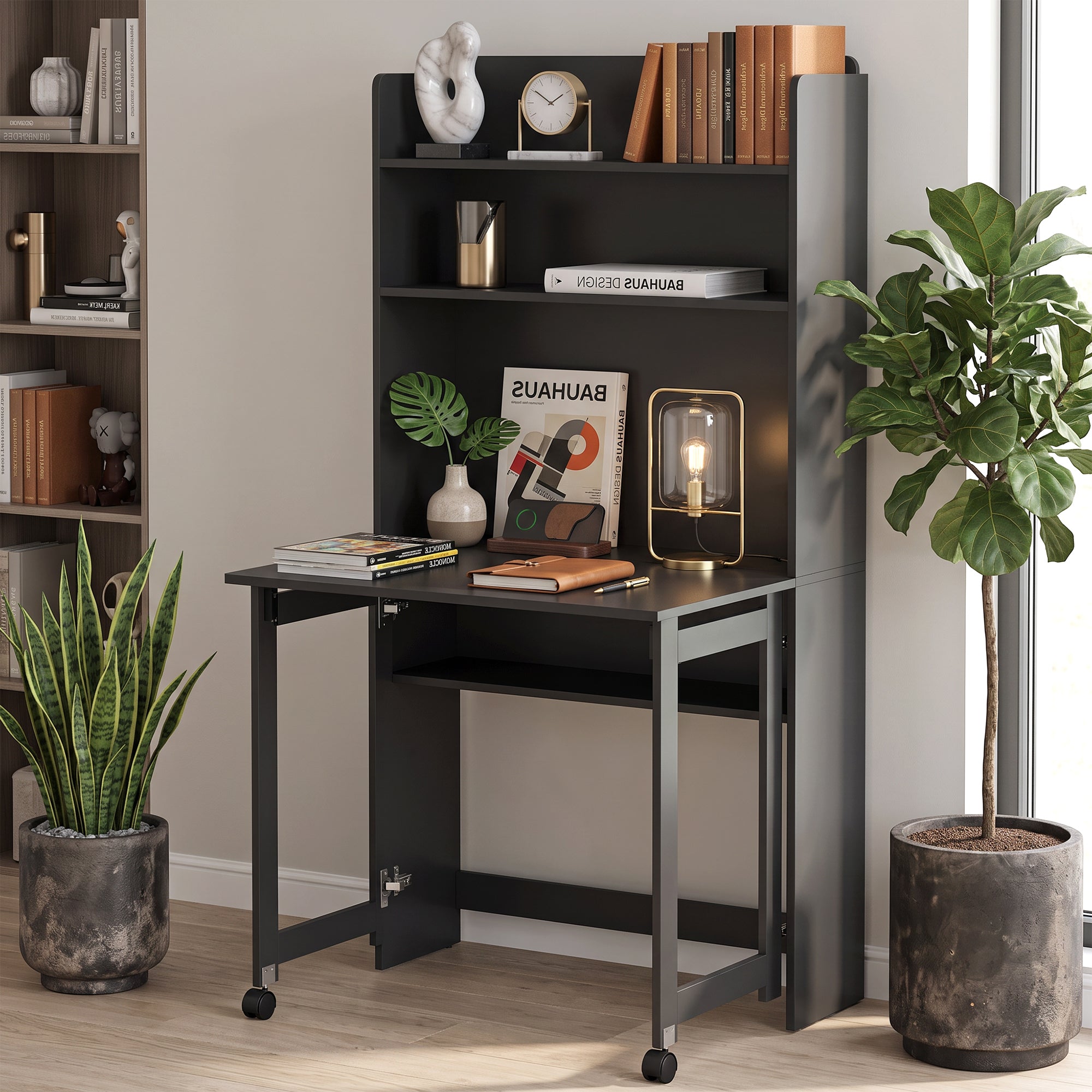 Computer Desk with Storage Shelves, Foldable Desktop with 2 Wheels, Study Table Workstation for Bedroom, Living Room and Home Office, 80 x 69 x 155 cm, Black