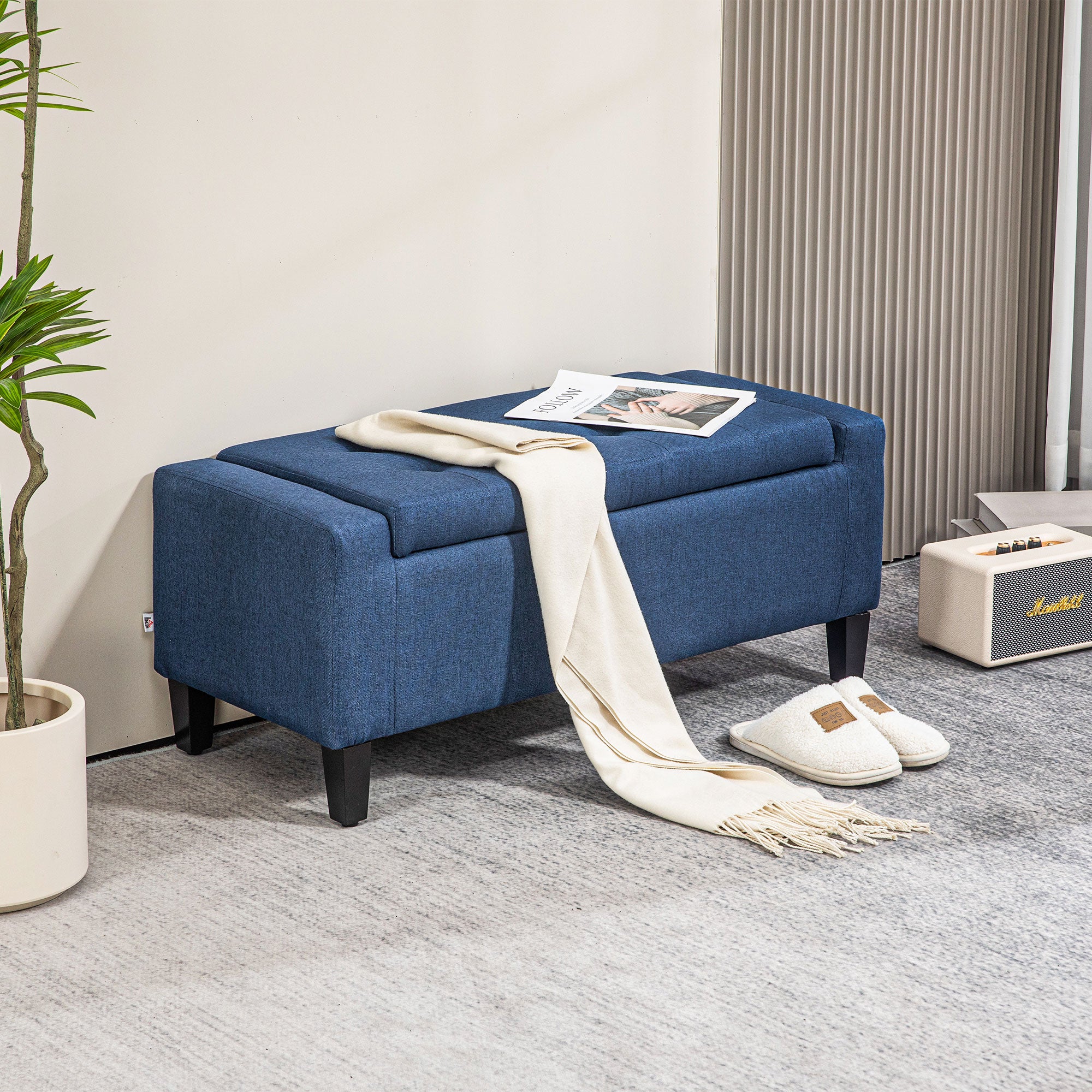 Upholstered Storage Ottoman Bench, Button Tufted Ottoman with Hidden Storage, Lift Top for Living Room, Dark Blue